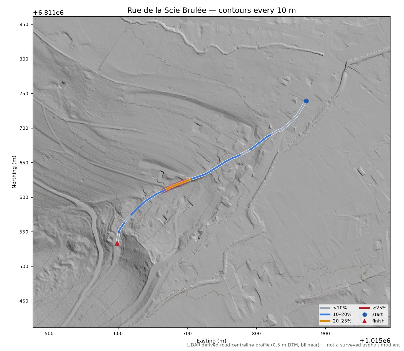 Rue de la Scie Brulée LiDAR hillshade map with contours