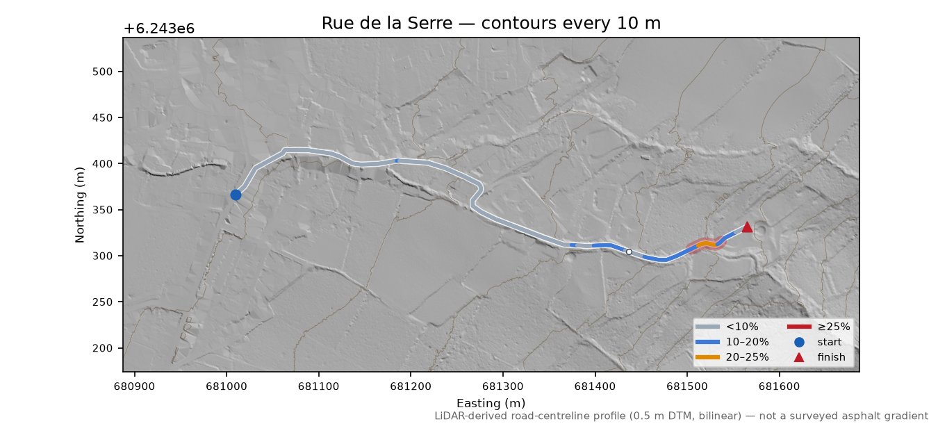 Rue de la Serre LiDAR hillshade map with contours