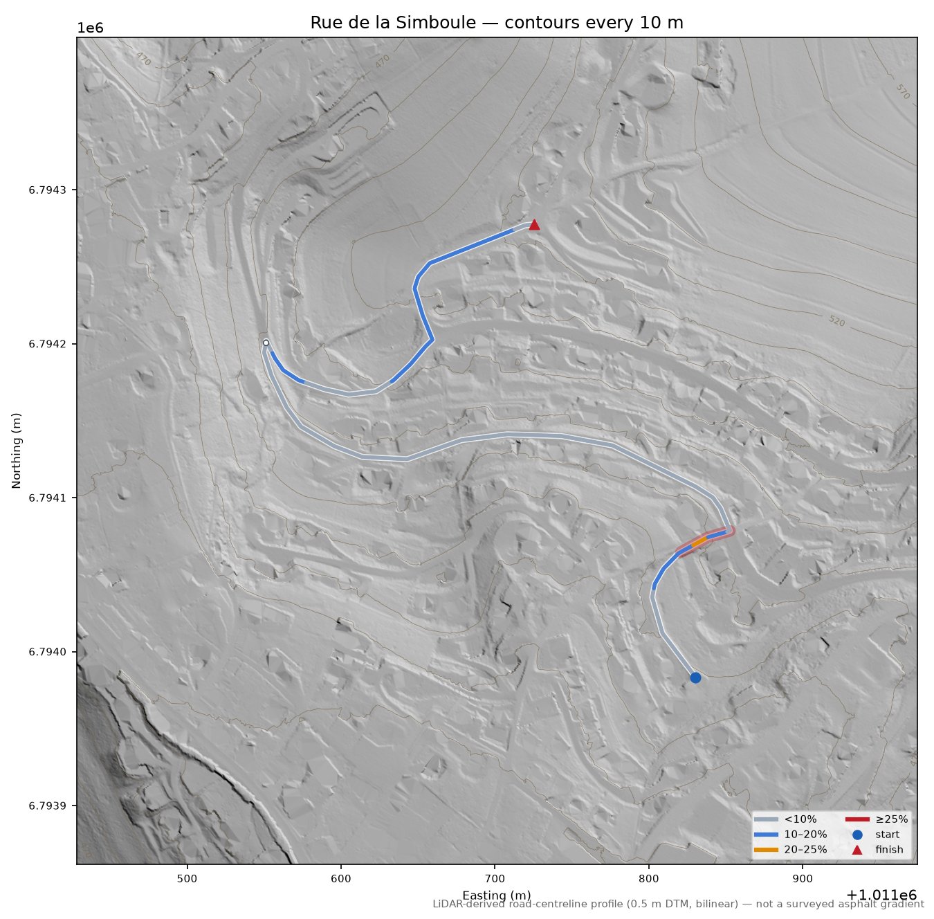 Rue de la Simboule LiDAR hillshade map with contours