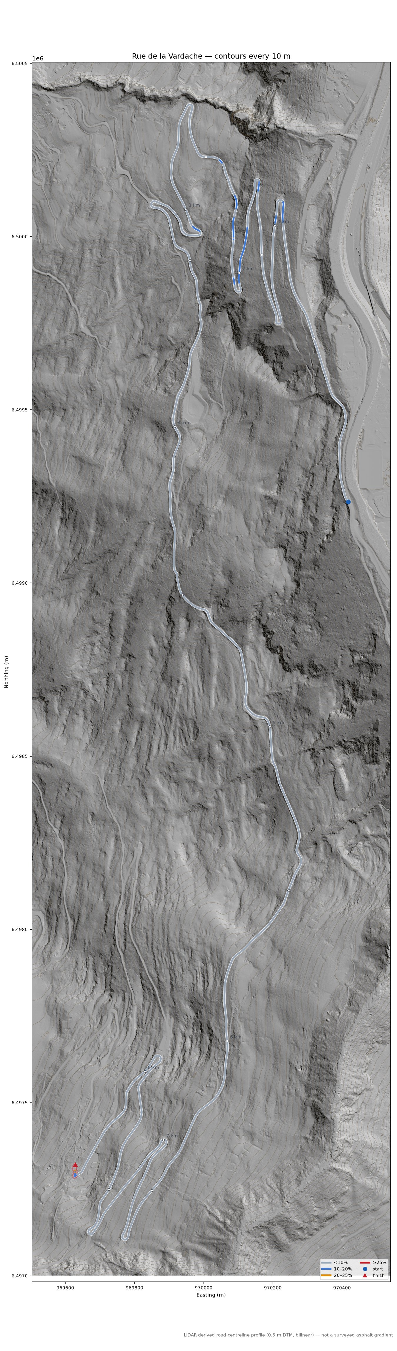 Rue de la Vardache LiDAR hillshade map with contours