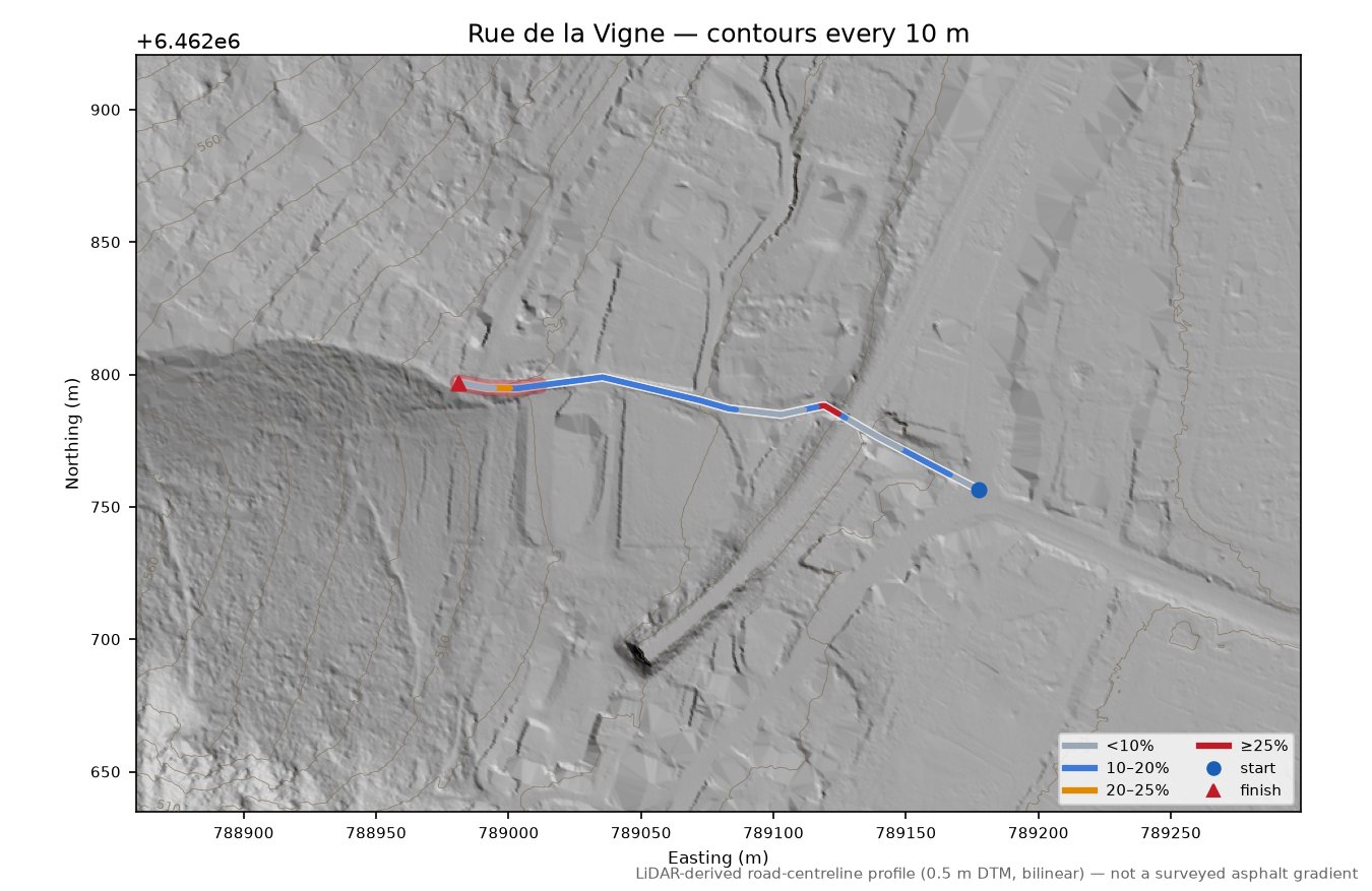 Rue de la Vigne LiDAR hillshade map with contours