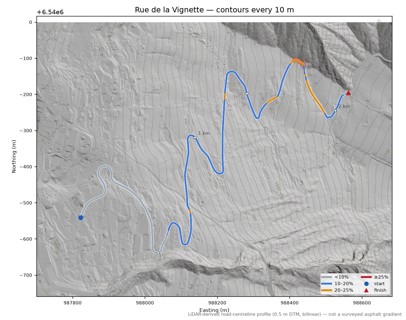 Rue de la Vignette LiDAR hillshade map with contours