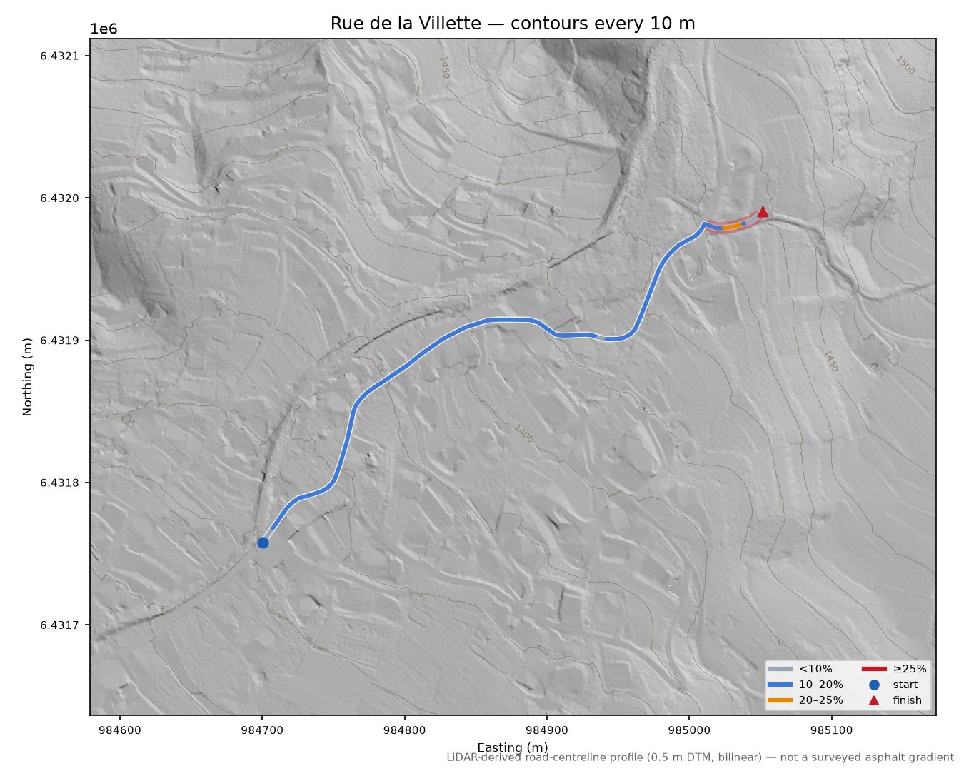 Rue de la Villette LiDAR hillshade map with contours