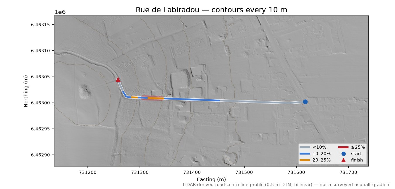 Rue de Labiradou LiDAR hillshade map with contours