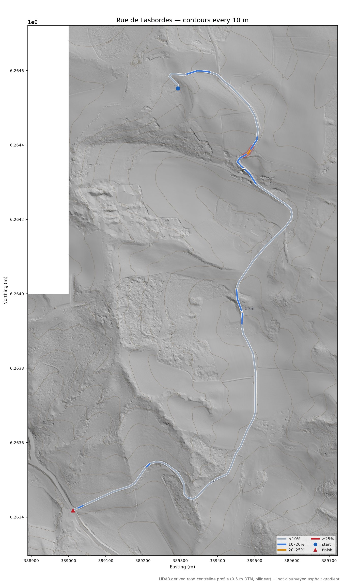 Rue de Lasbordes LiDAR hillshade map with contours