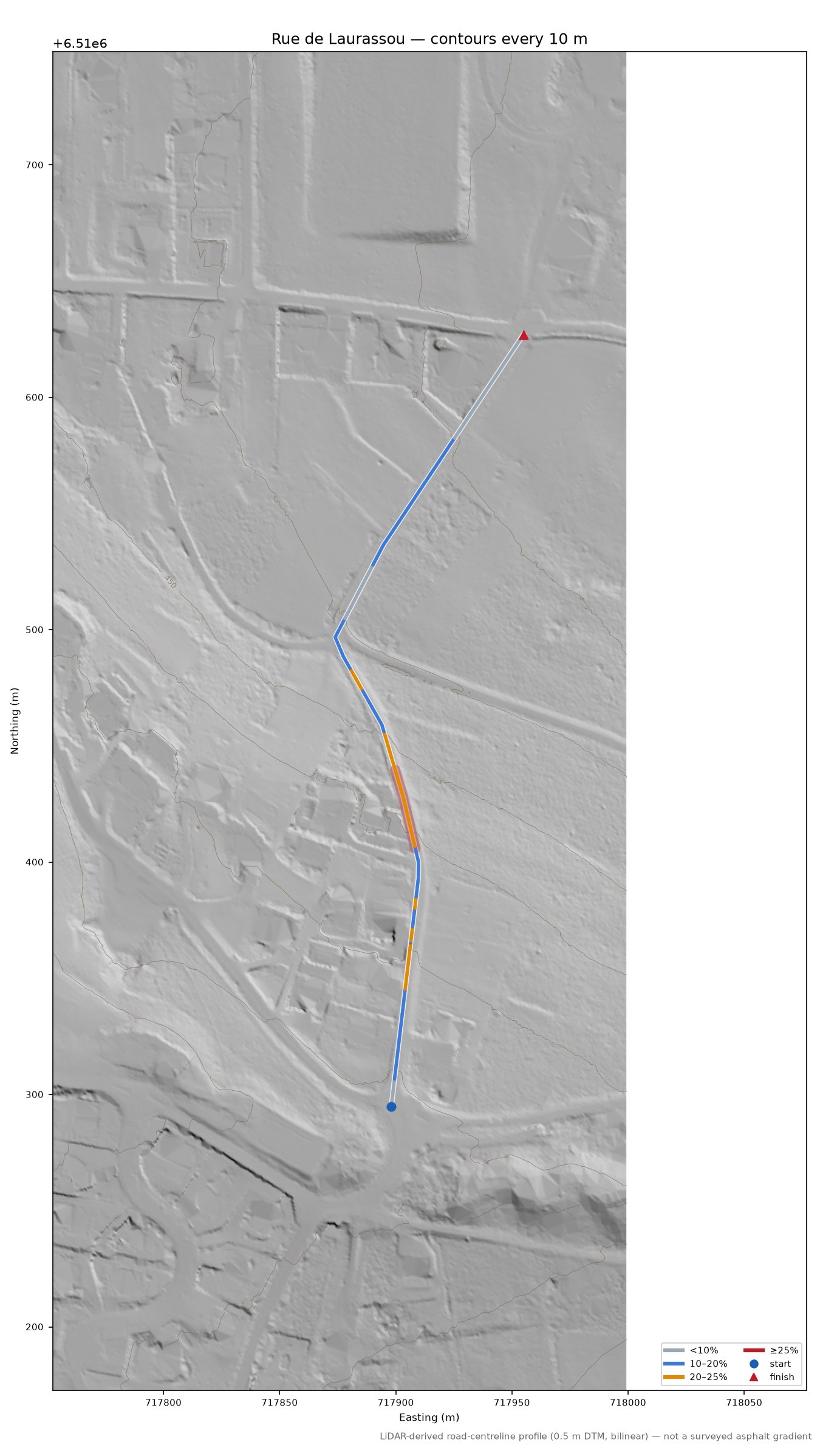 Rue de Laurassou LiDAR hillshade map with contours