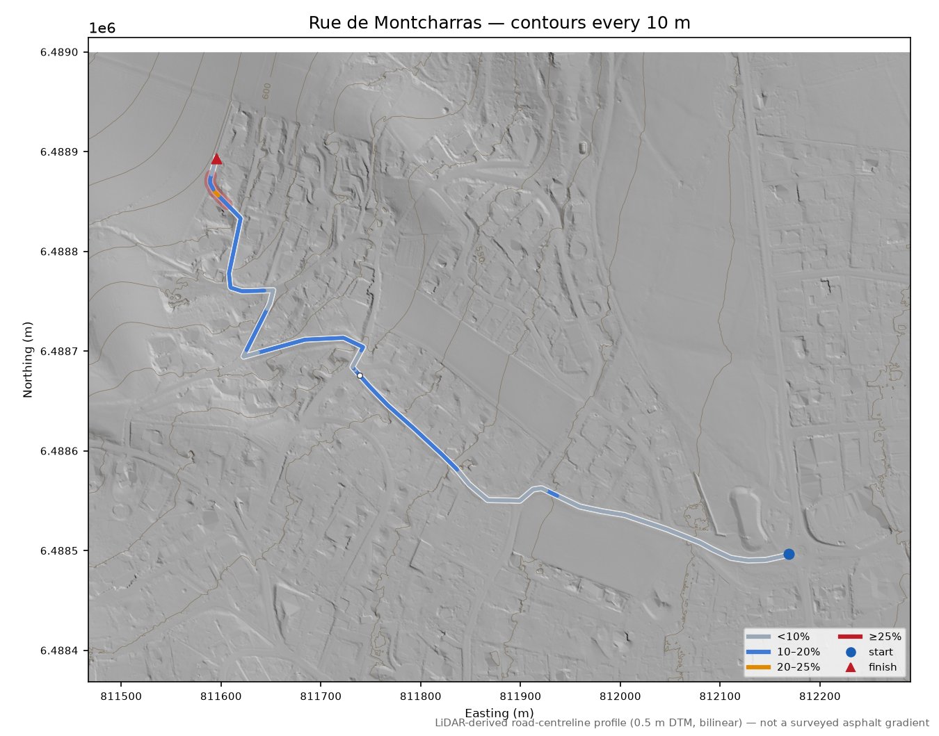 Rue de Montcharras LiDAR hillshade map with contours