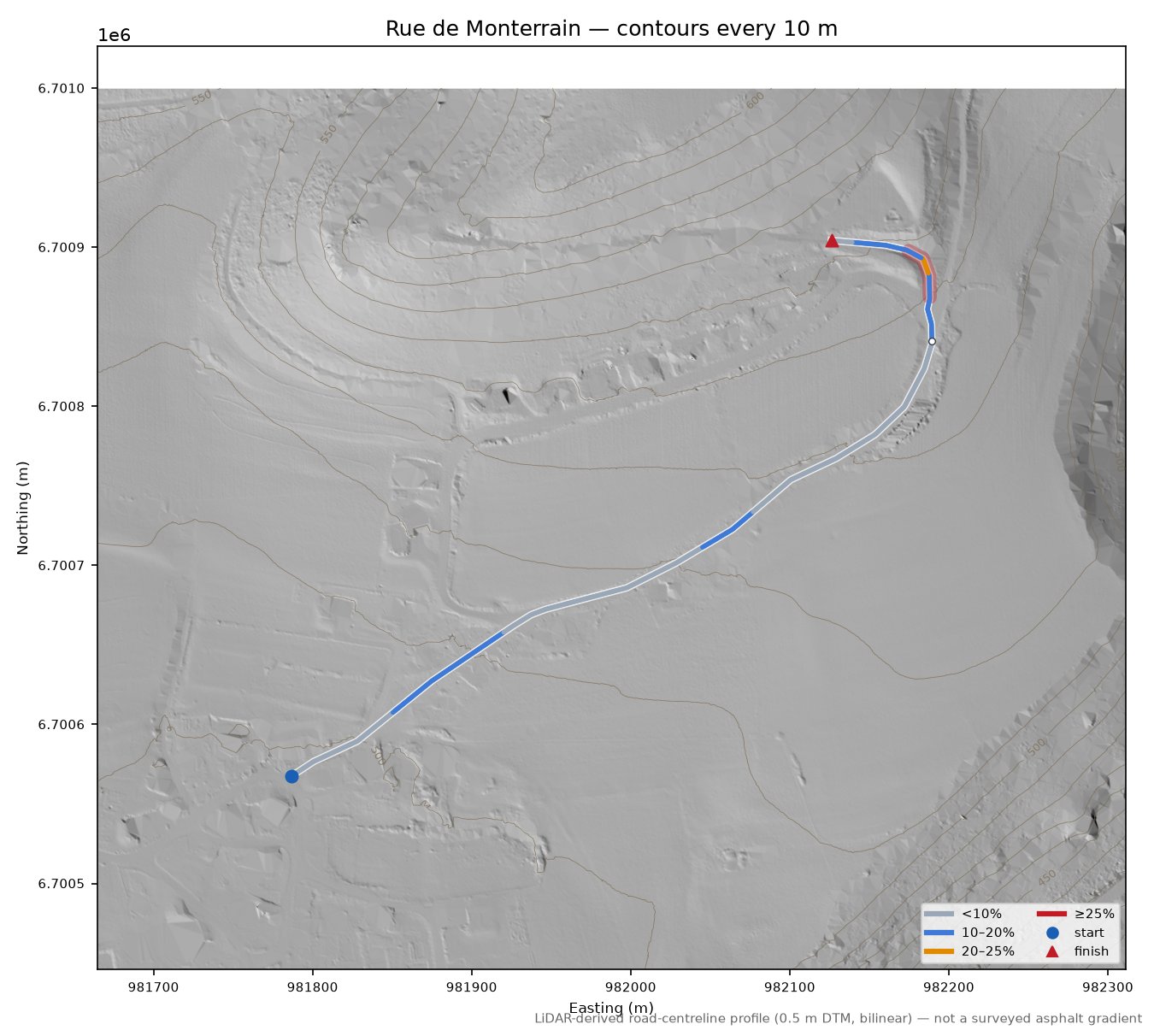 Rue de Monterrain LiDAR hillshade map with contours