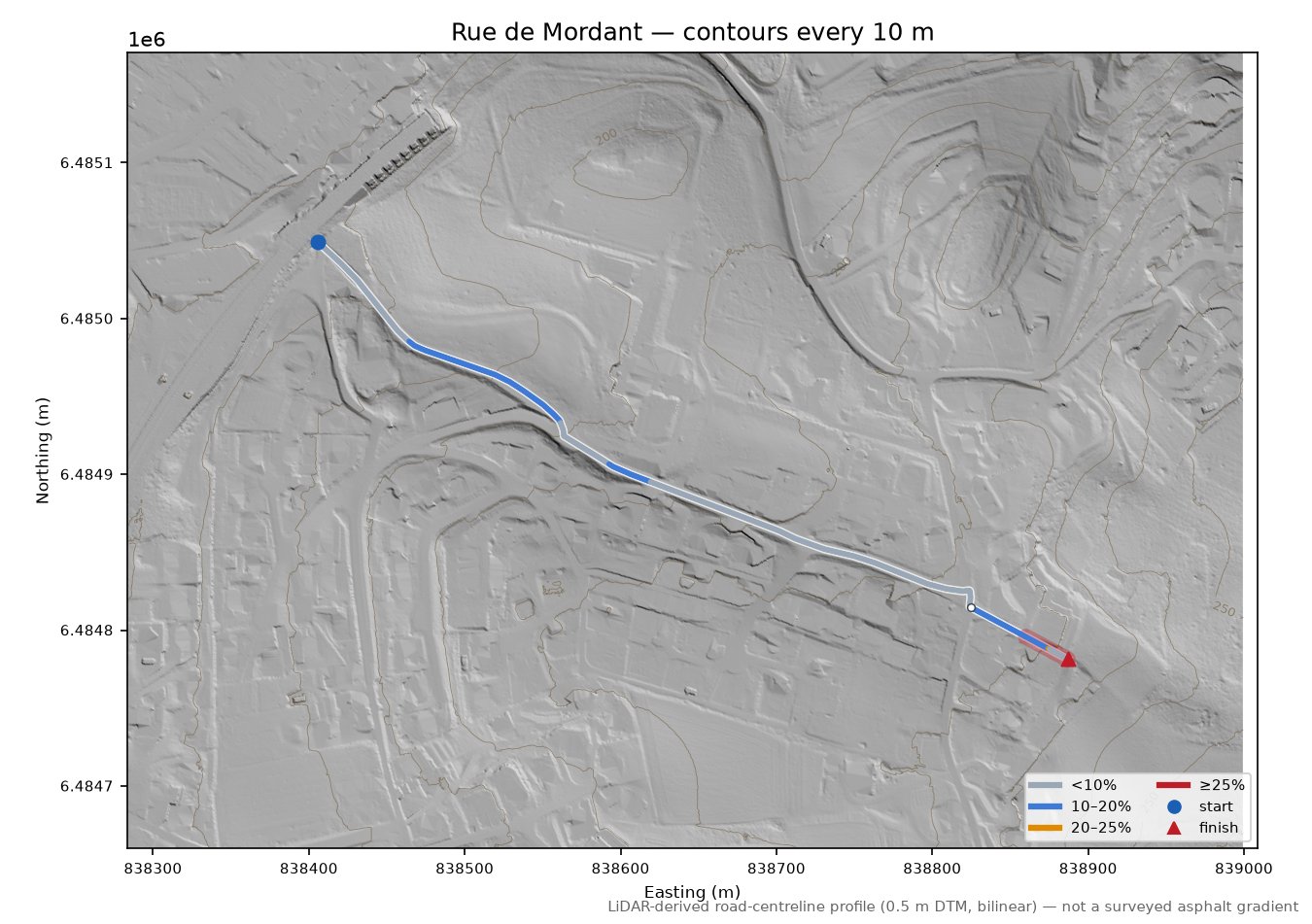 Rue de Mordant LiDAR hillshade map with contours