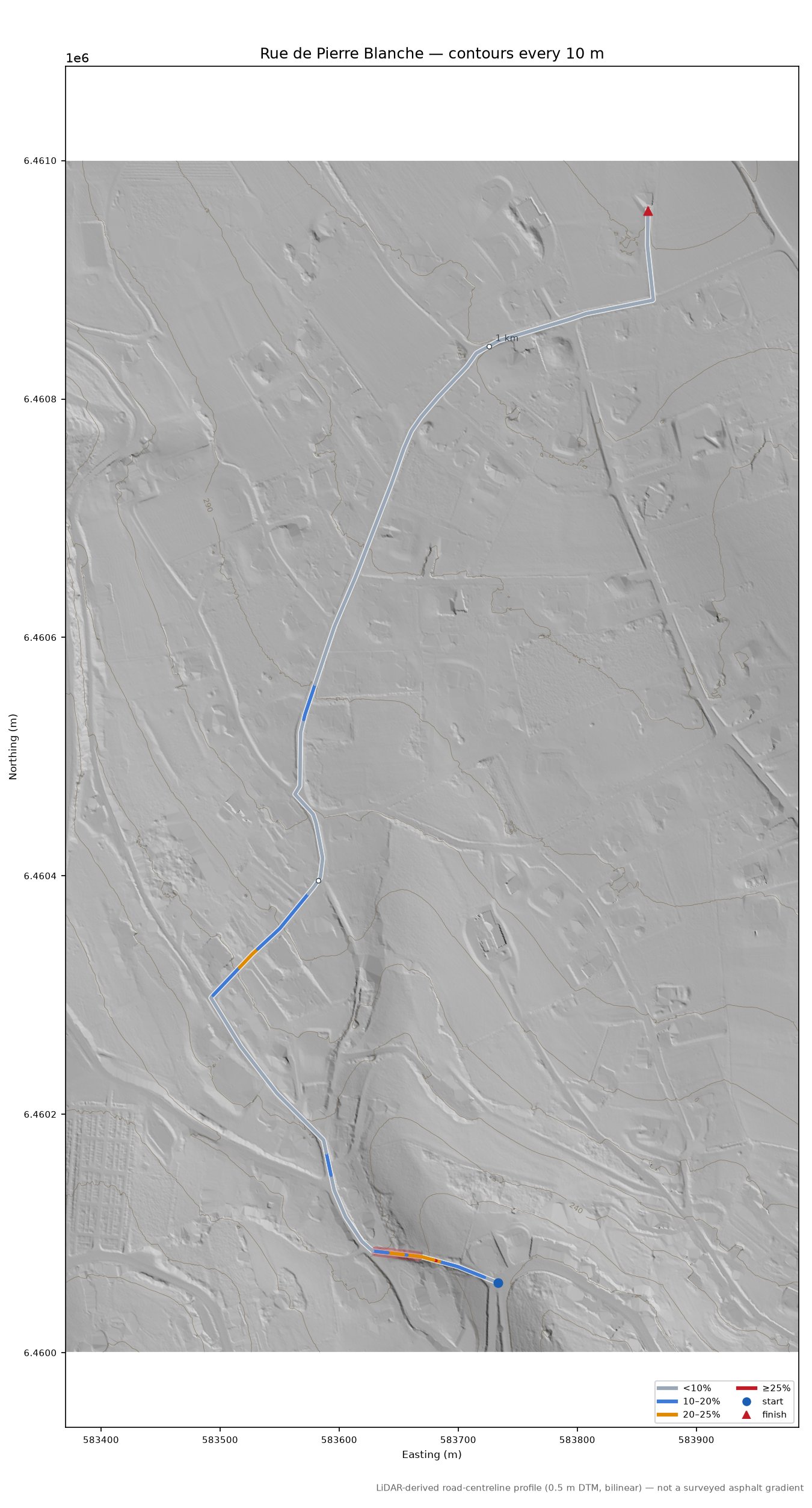 Rue de Pierre Blanche LiDAR hillshade map with contours