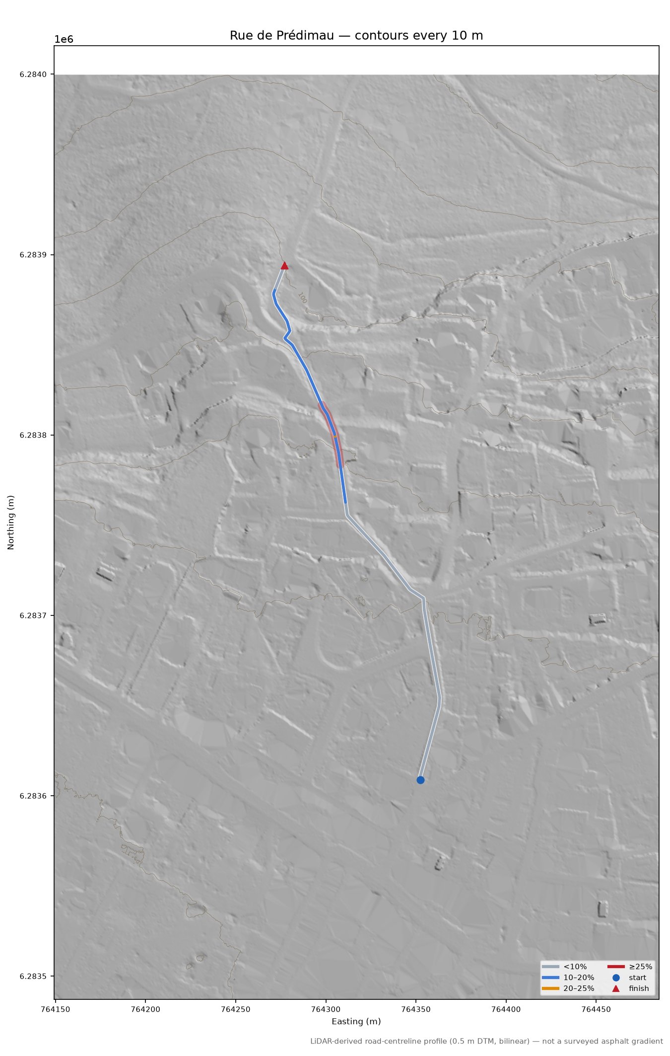 Rue de Prédimau LiDAR hillshade map with contours