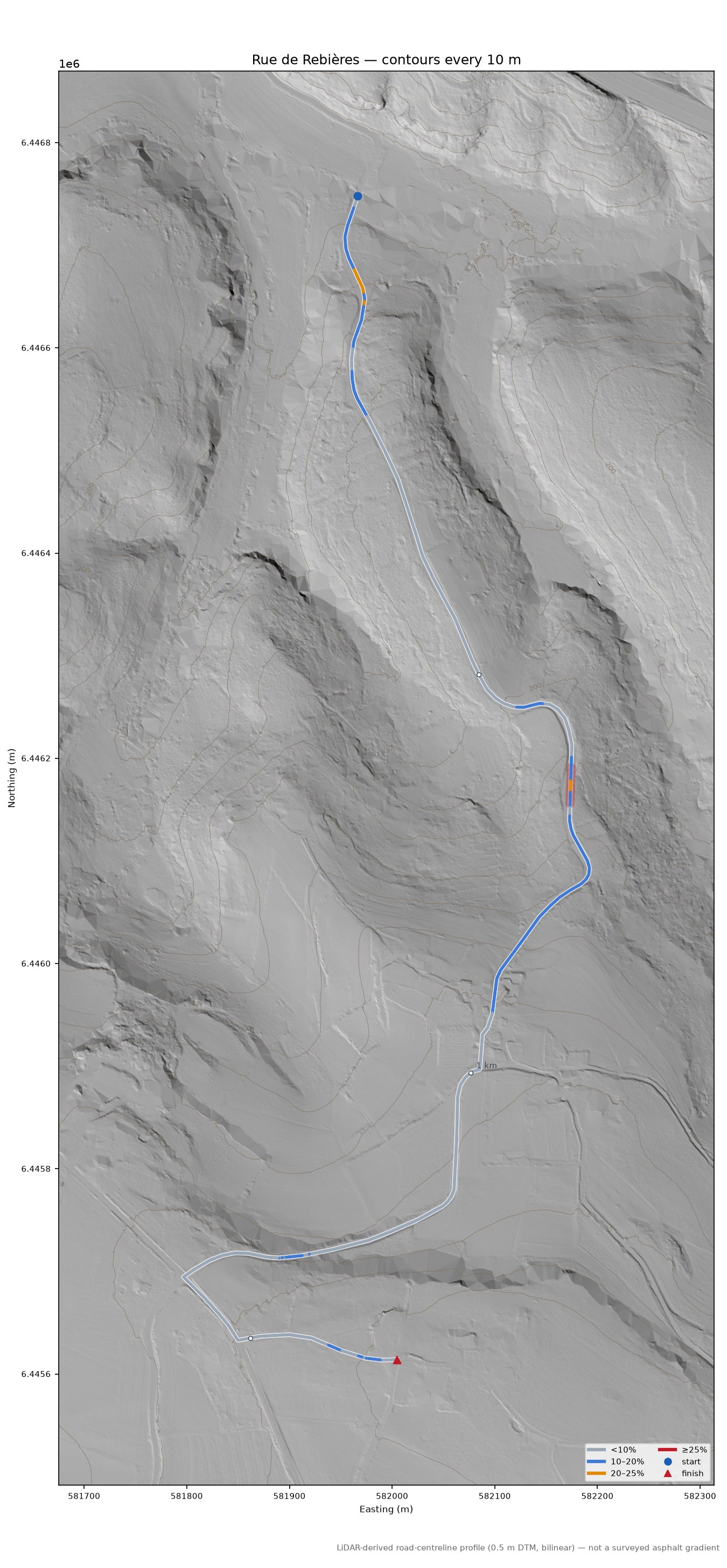 Rue de Rebières LiDAR hillshade map with contours