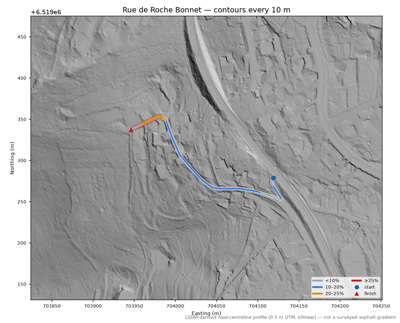 Rue de Roche Bonnet LiDAR hillshade map with contours