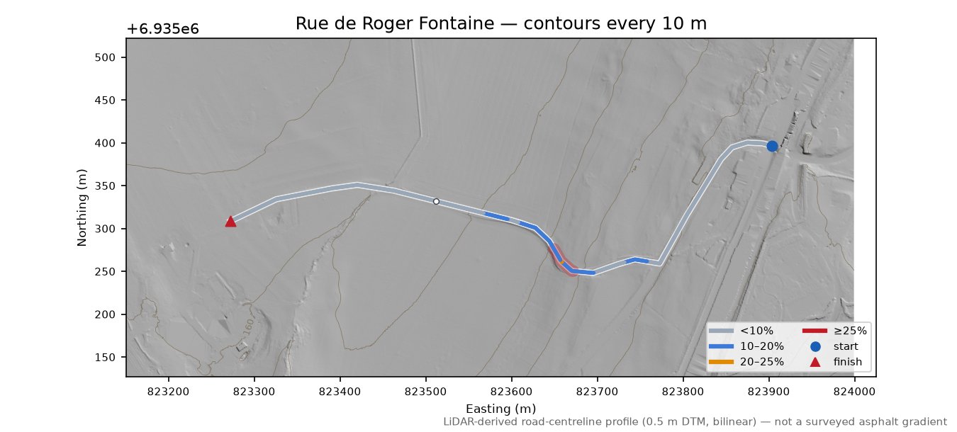 Rue de Roger Fontaine LiDAR hillshade map with contours