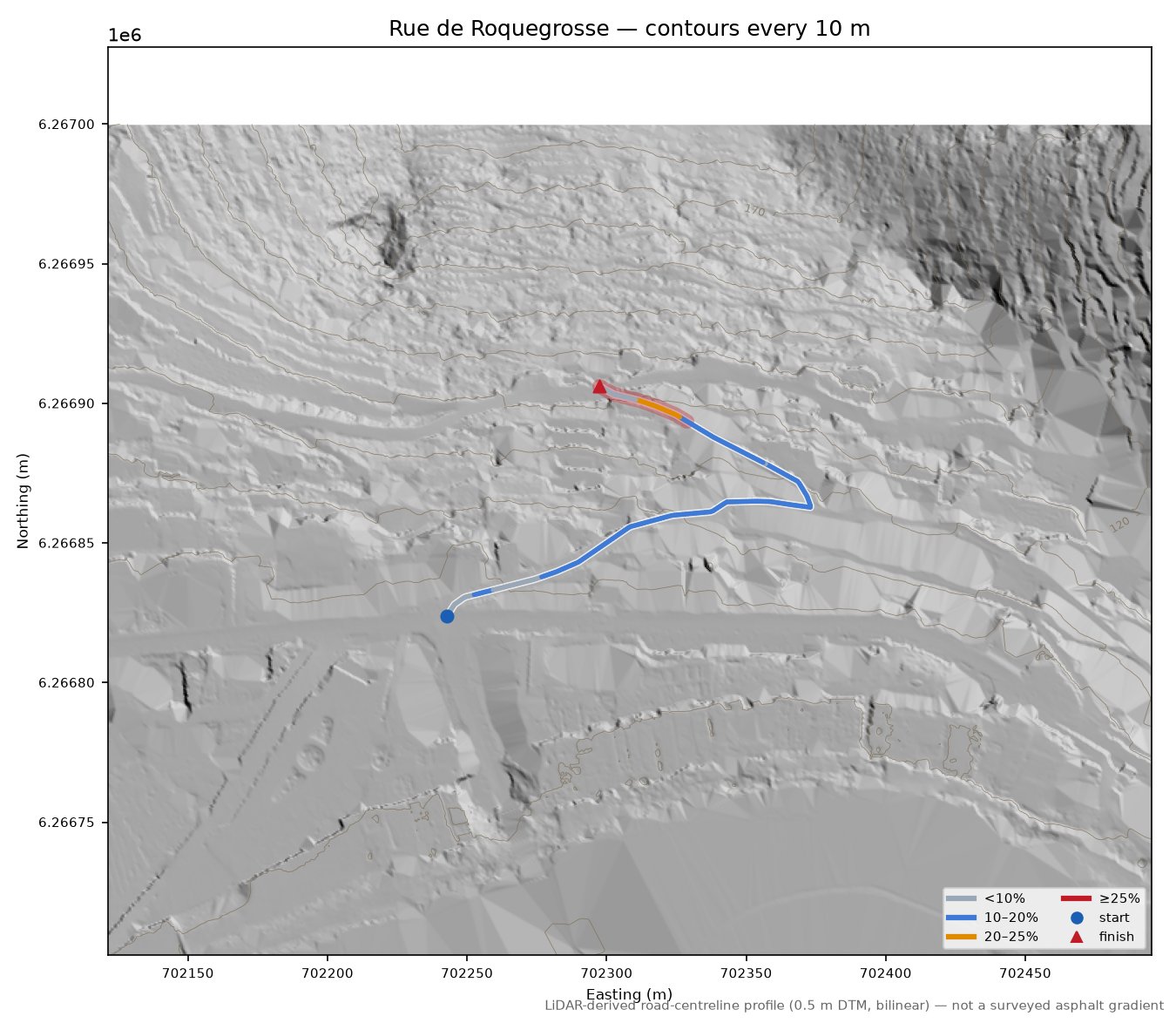 Rue de Roquegrosse LiDAR hillshade map with contours