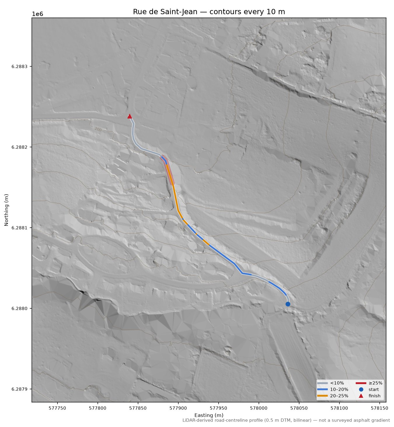 Rue de Saint-Jean LiDAR hillshade map with contours