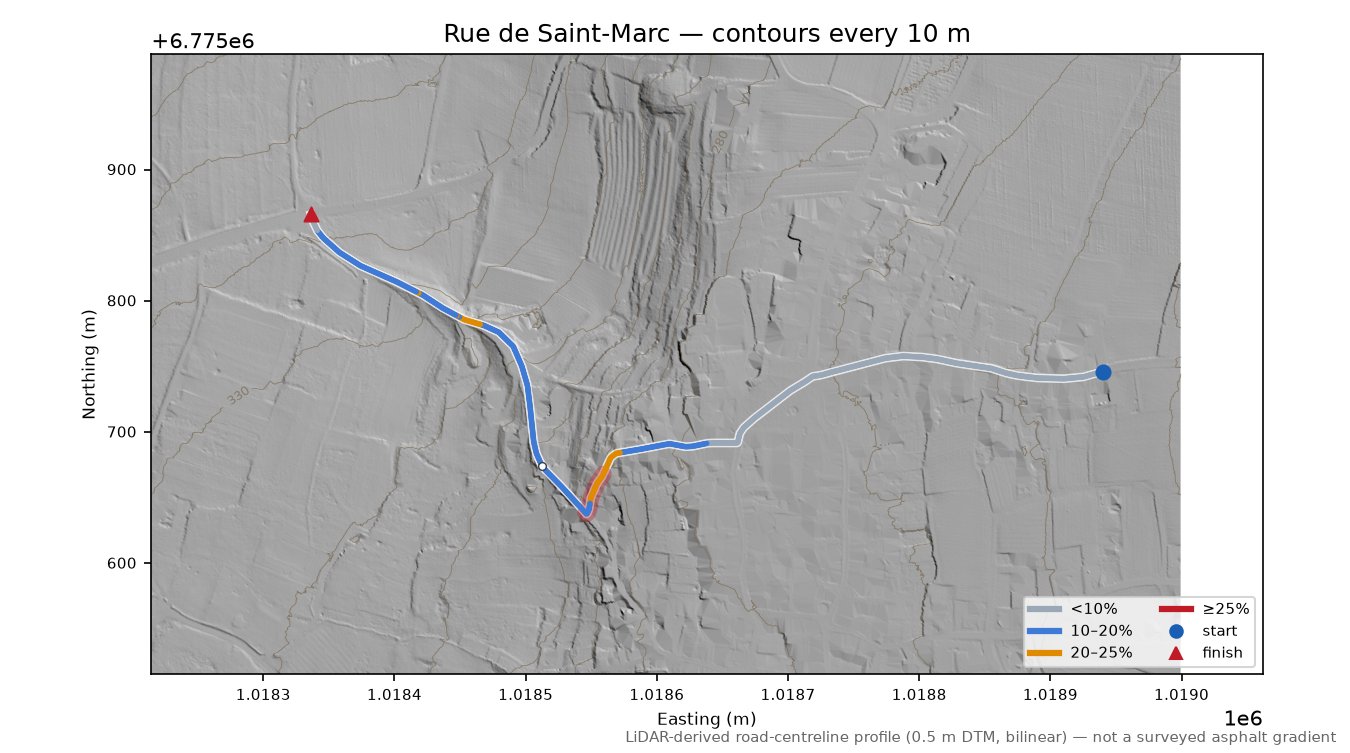 Rue de Saint-Marc LiDAR hillshade map with contours