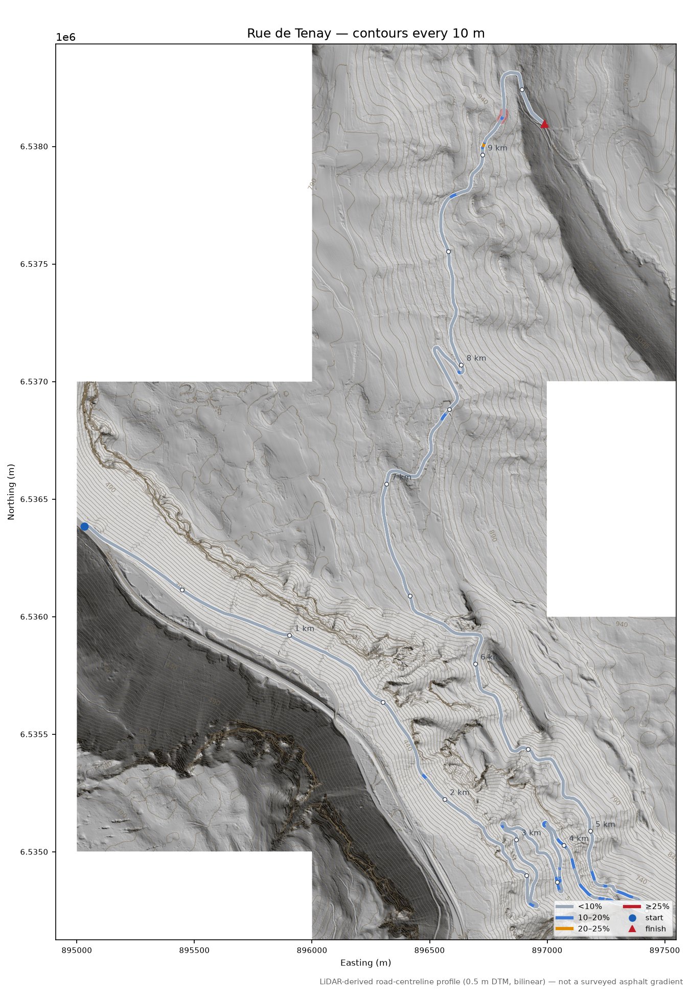 Rue de Tenay LiDAR hillshade map with contours