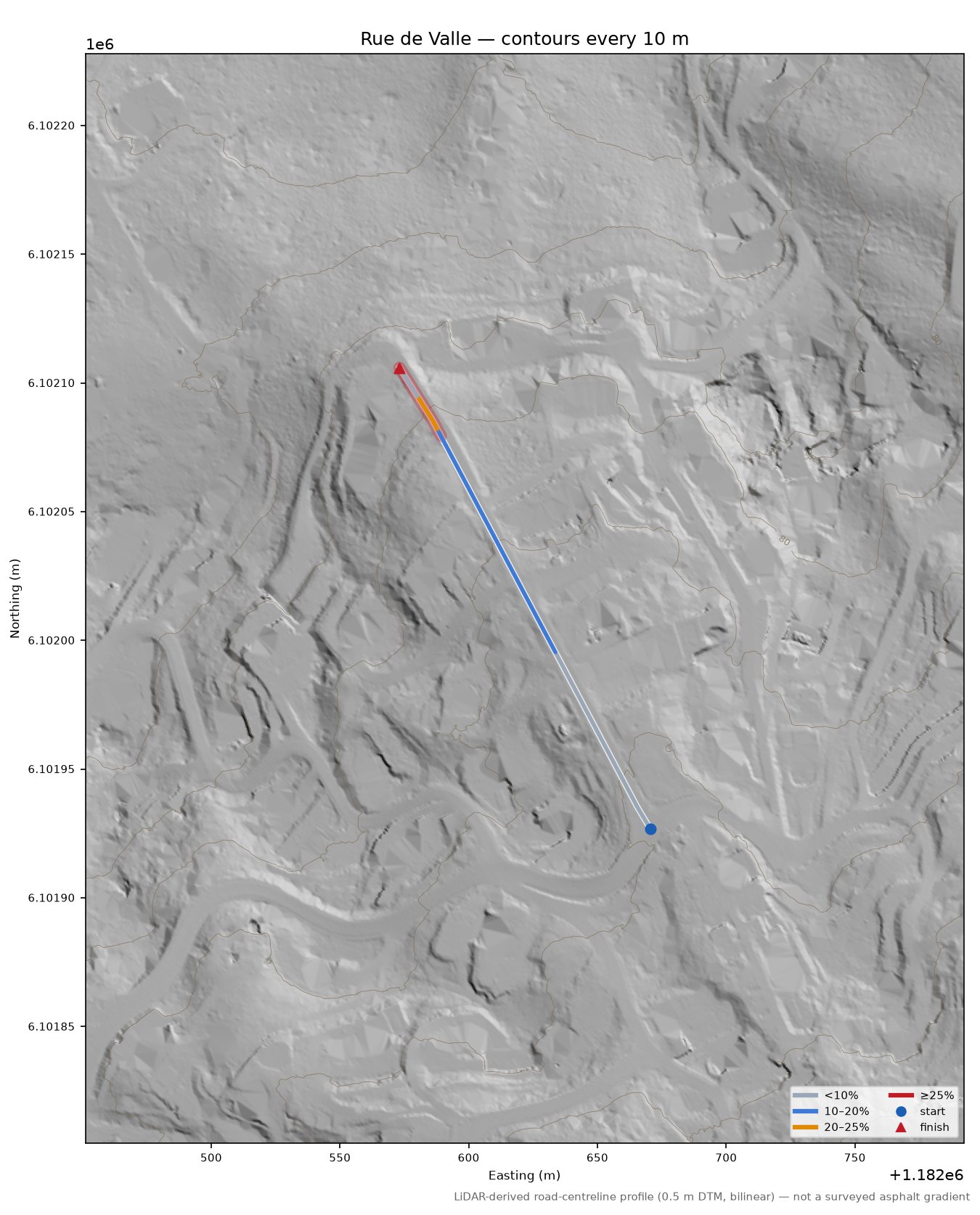 Rue de Valle LiDAR hillshade map with contours