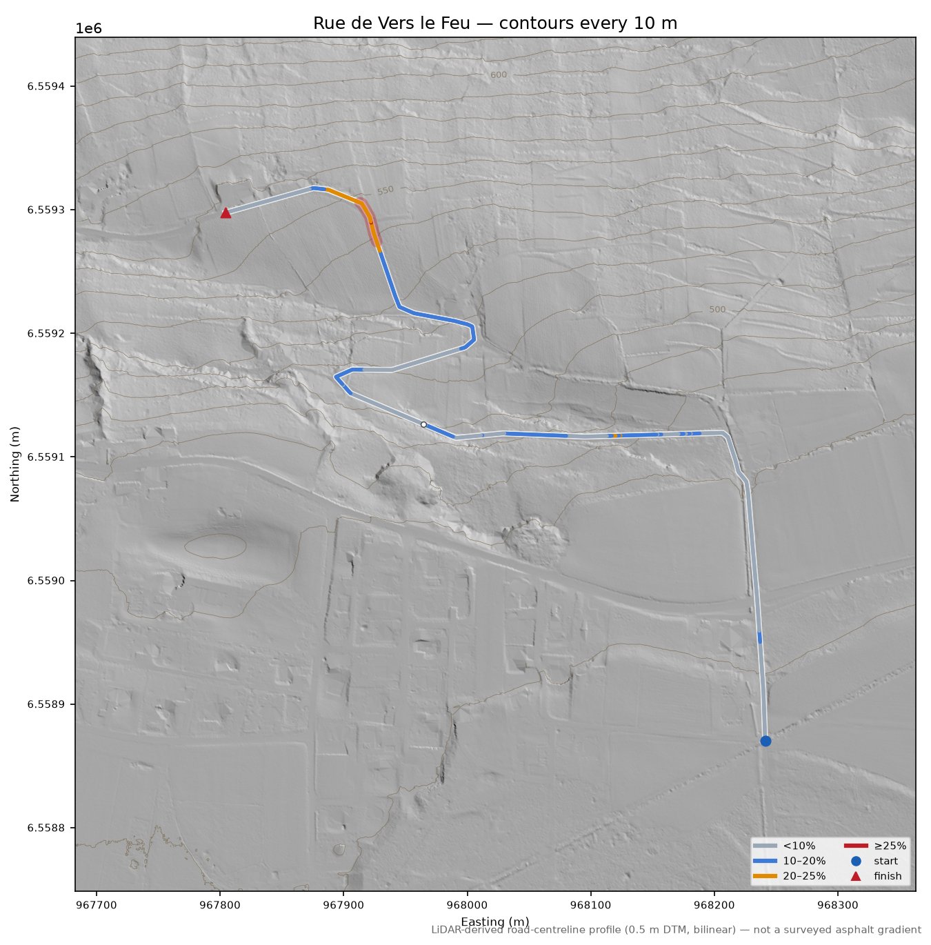 Rue de Vers le Feu LiDAR hillshade map with contours