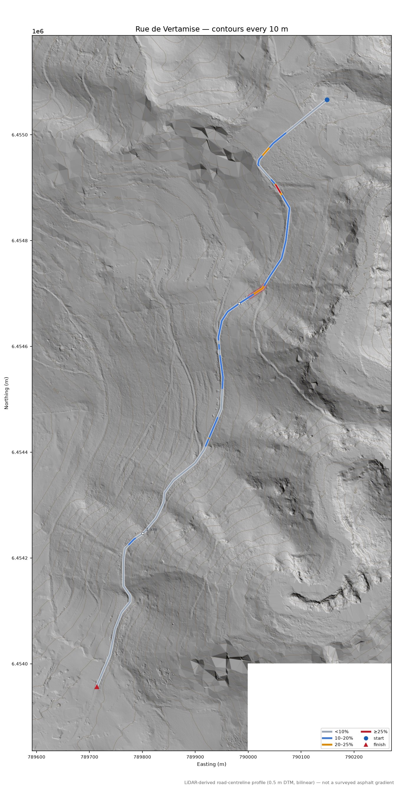 Rue de Vertamise LiDAR hillshade map with contours