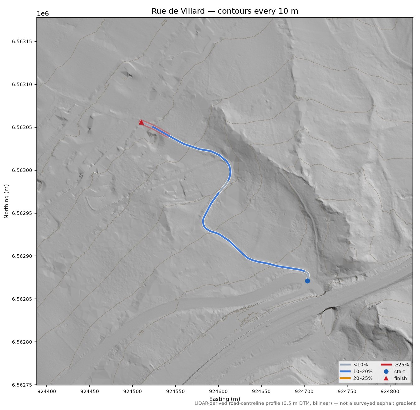 Rue de Villard LiDAR hillshade map with contours