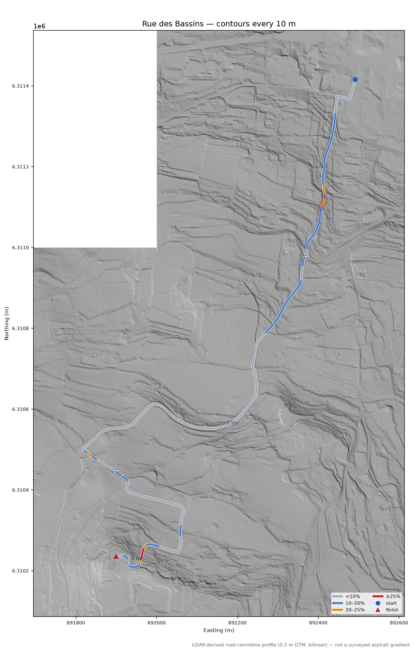 Rue des Bassins LiDAR hillshade map with contours