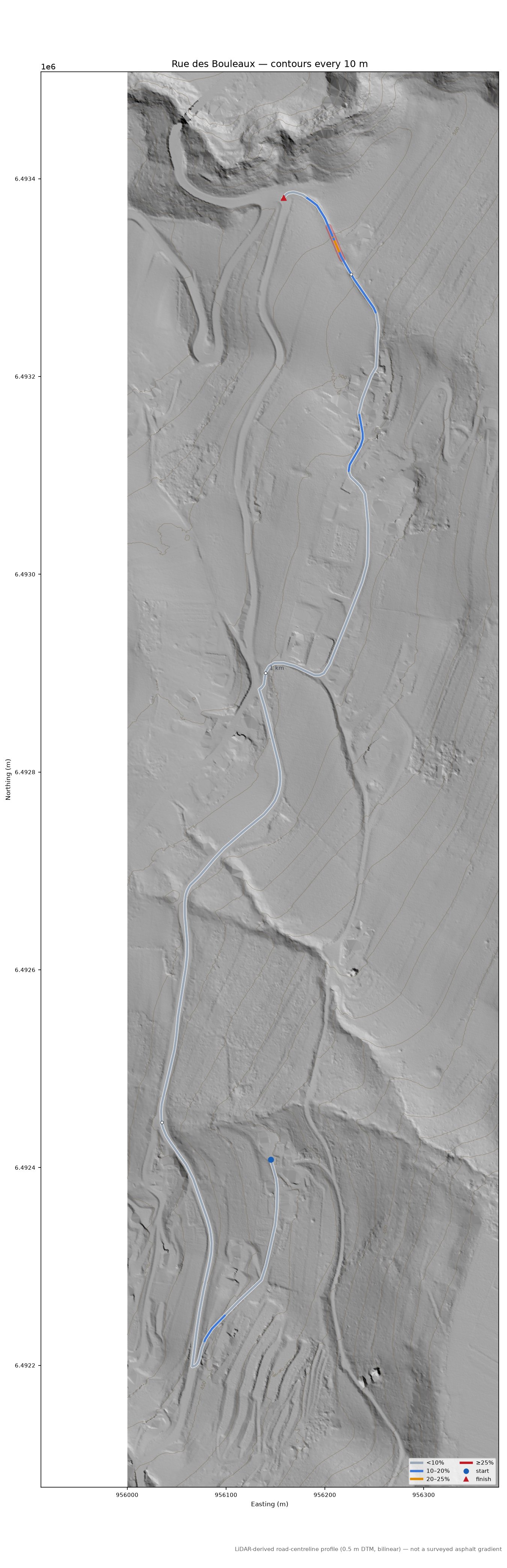 Rue des Bouleaux LiDAR hillshade map with contours