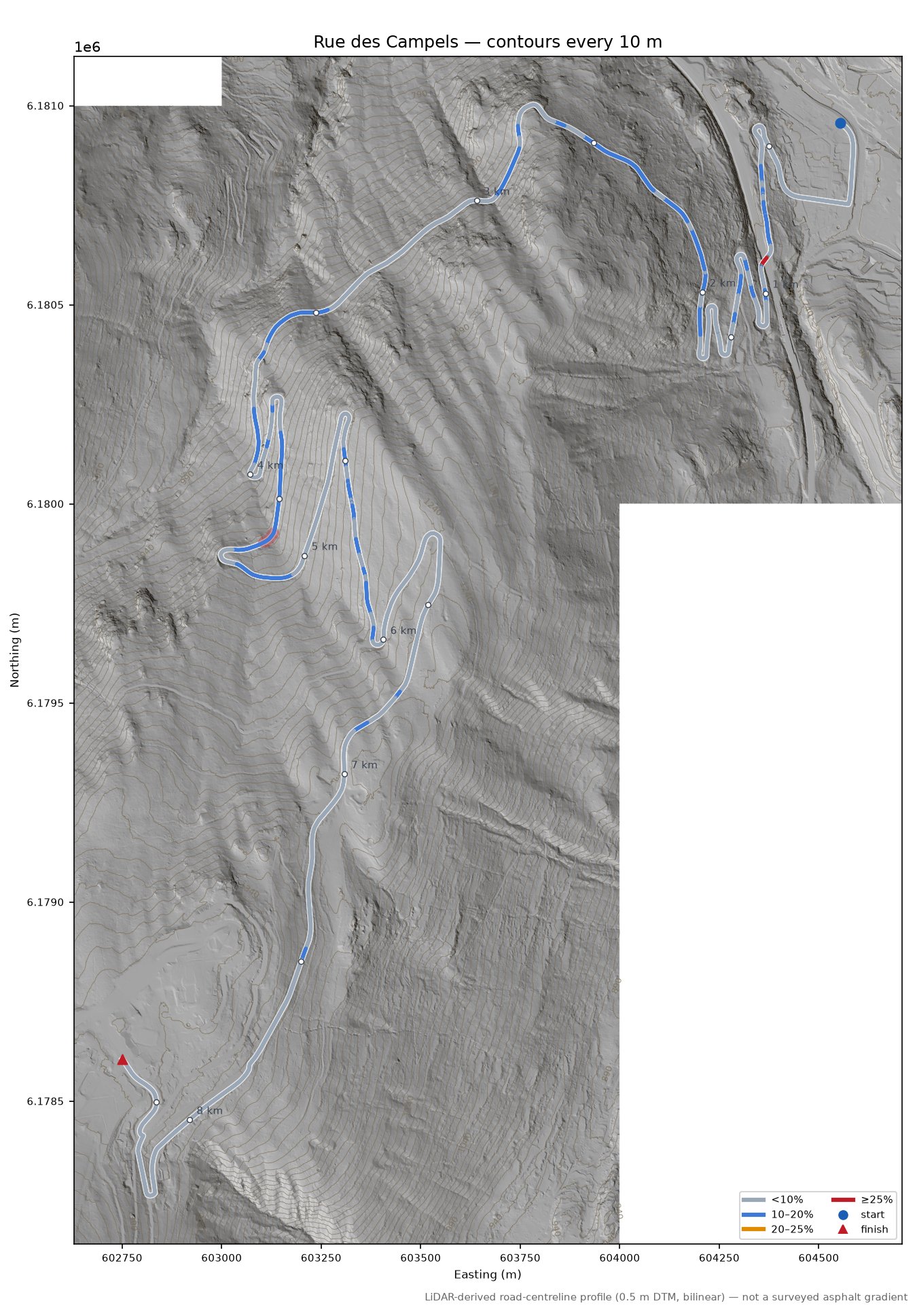 Rue des Campels LiDAR hillshade map with contours