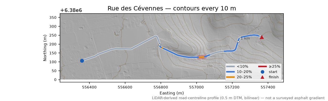 Rue des Cévennes LiDAR hillshade map with contours