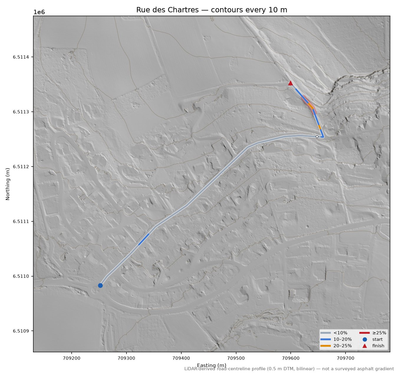 Rue des Chartres LiDAR hillshade map with contours