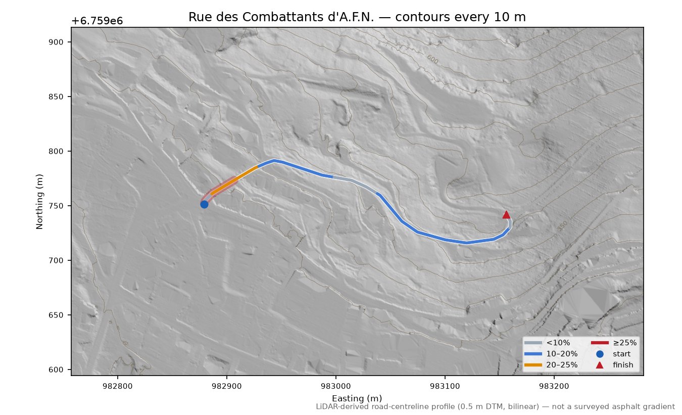 Rue des Combattants d'A.F.N. LiDAR hillshade map with contours