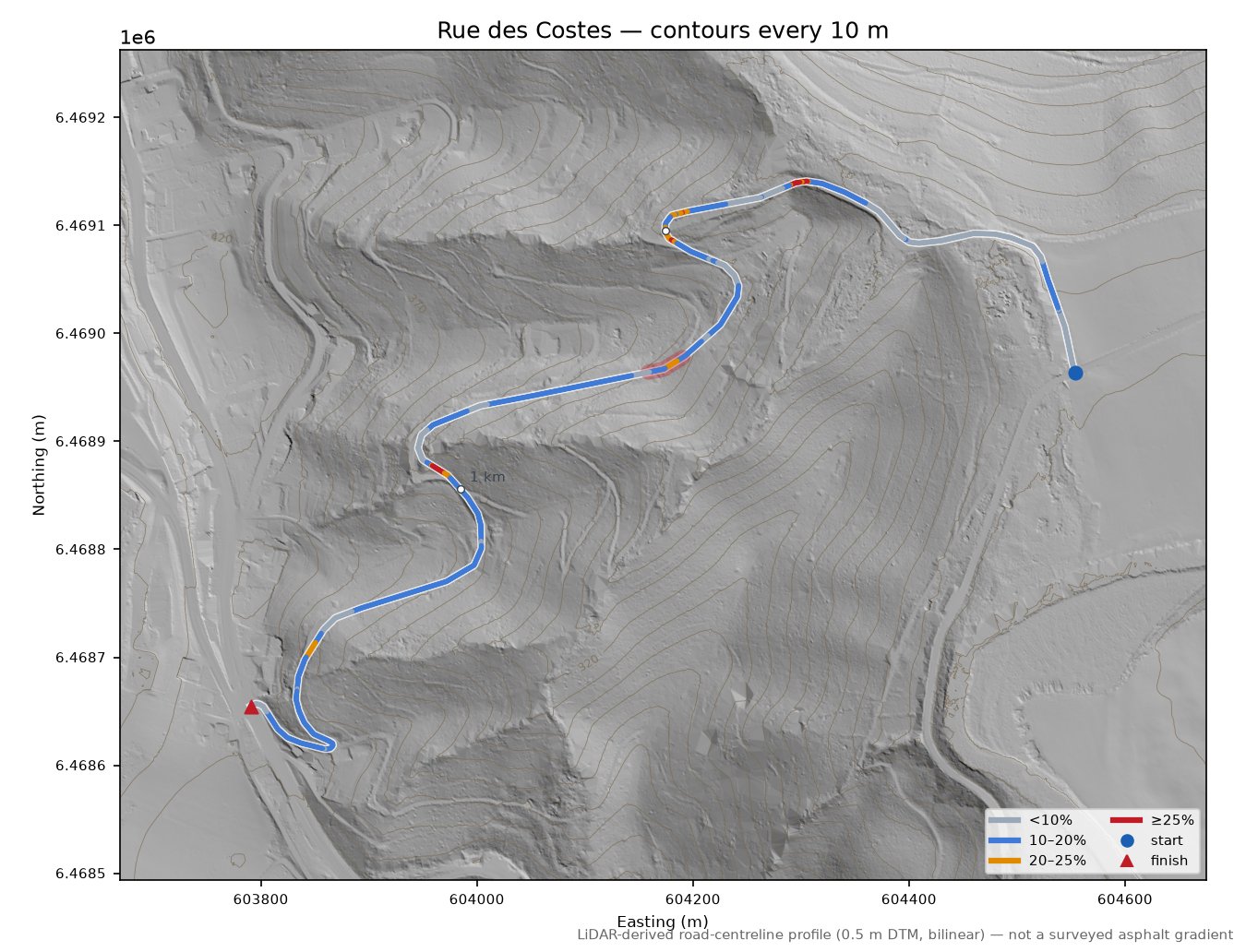 Rue des Costes LiDAR hillshade map with contours