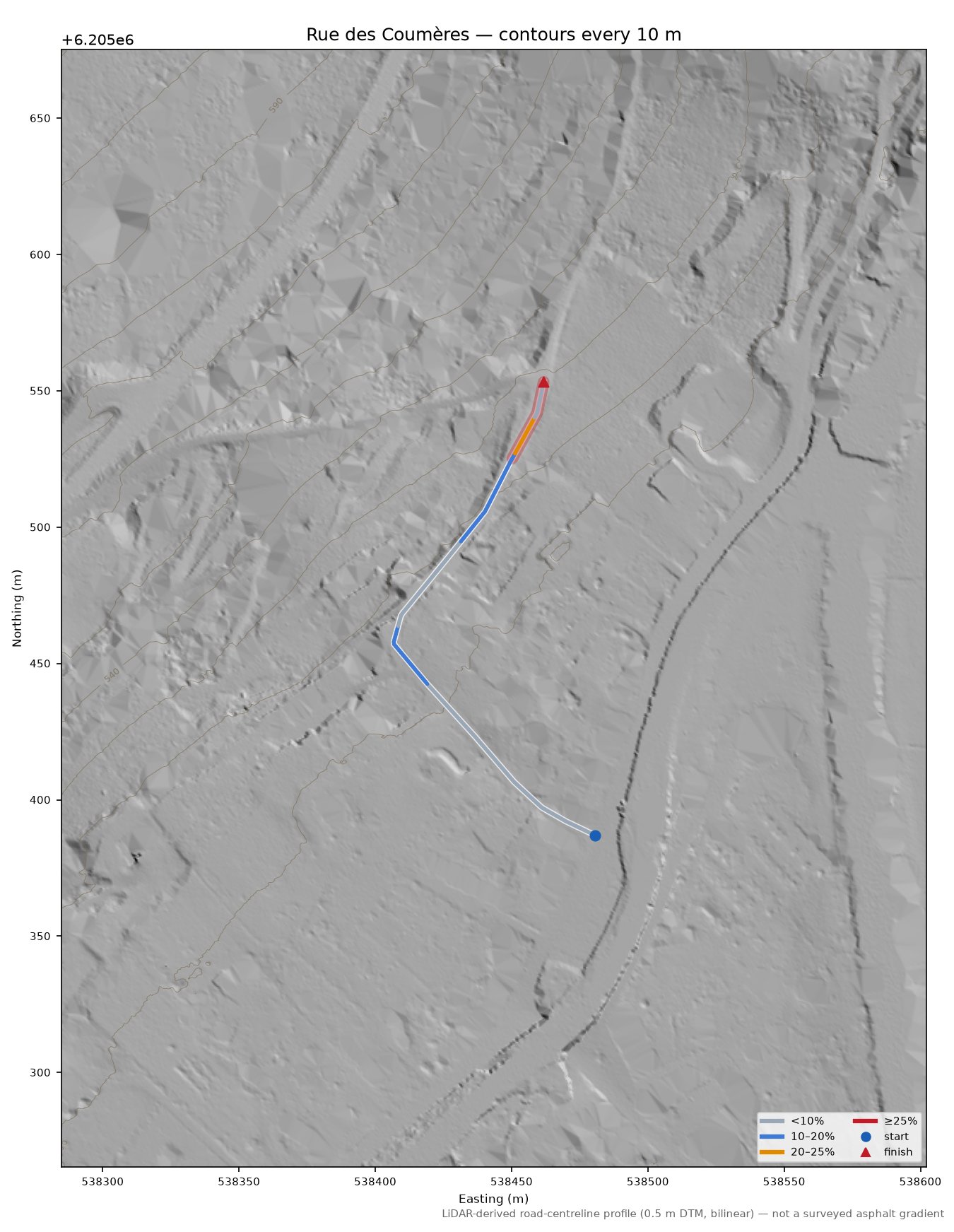 Rue des Coumères LiDAR hillshade map with contours