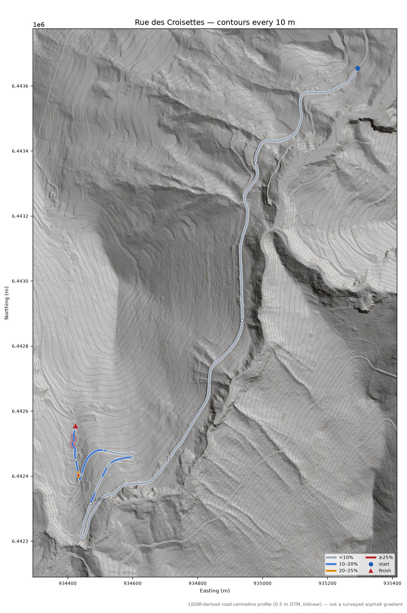 Rue des Croisettes LiDAR hillshade map with contours