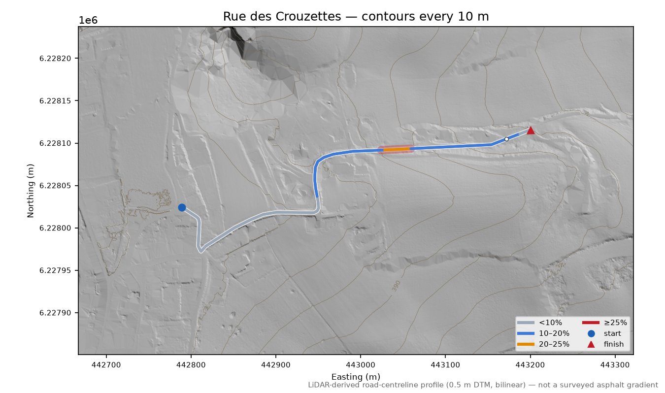 Rue des Crouzettes LiDAR hillshade map with contours