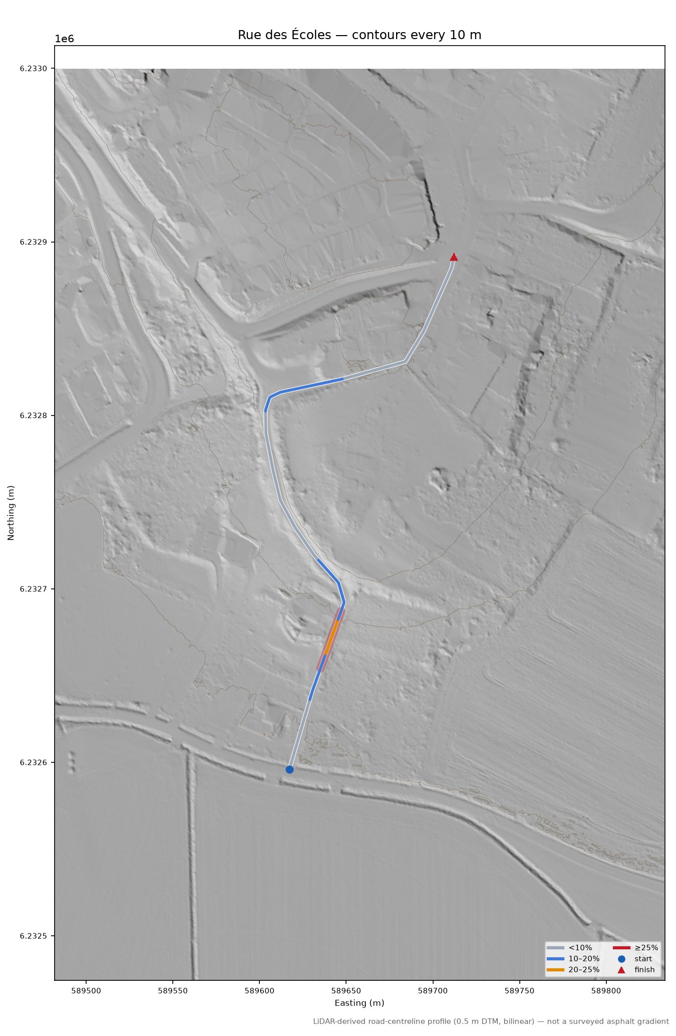 Rue des Écoles LiDAR hillshade map with contours