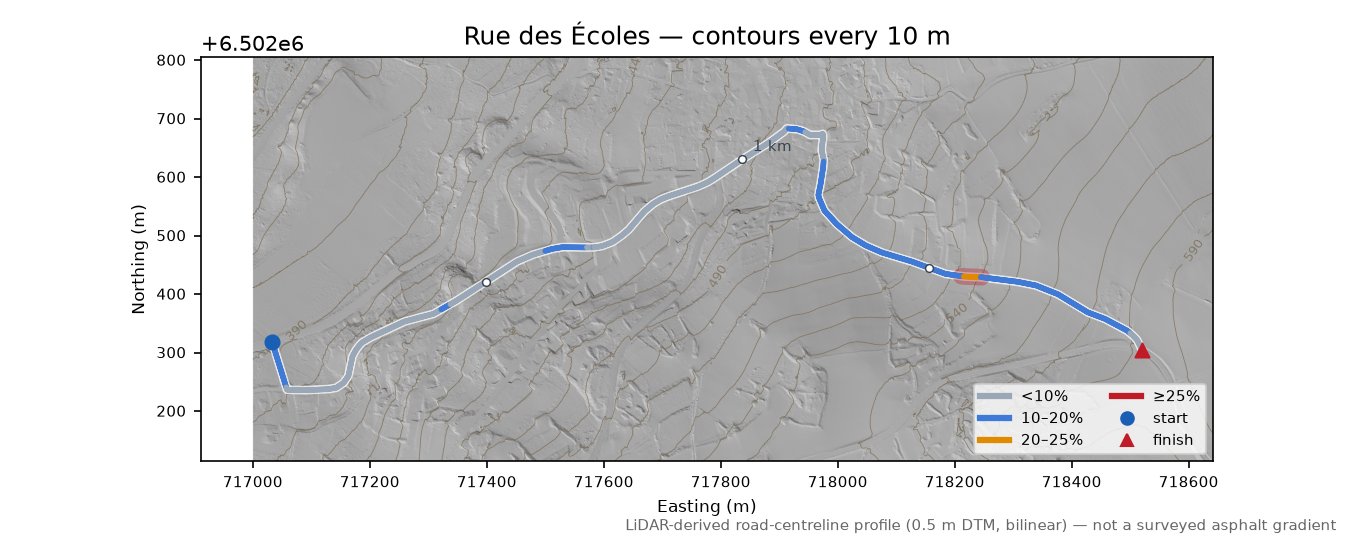 Rue des Écoles LiDAR hillshade map with contours