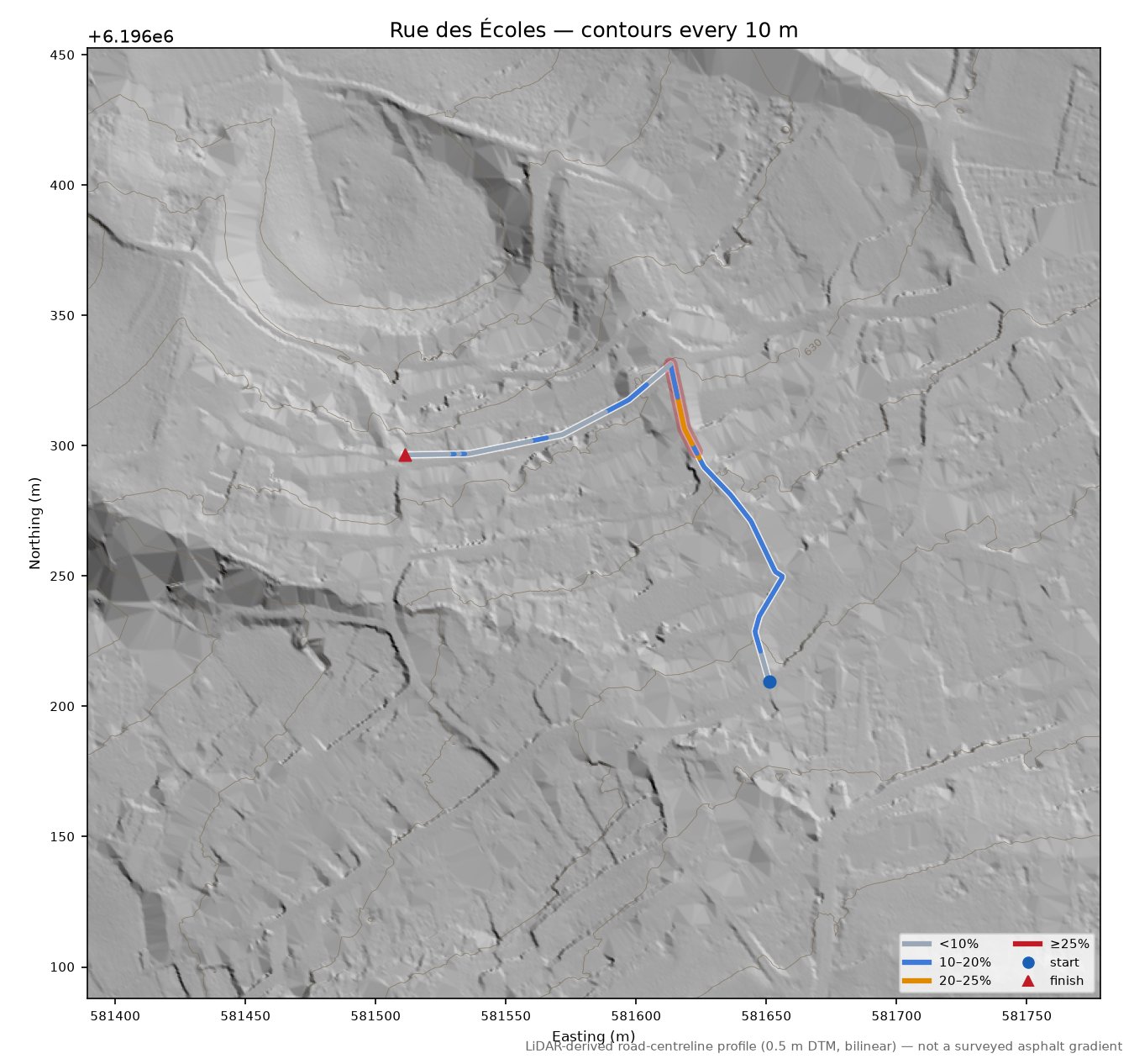 Rue des Écoles LiDAR hillshade map with contours