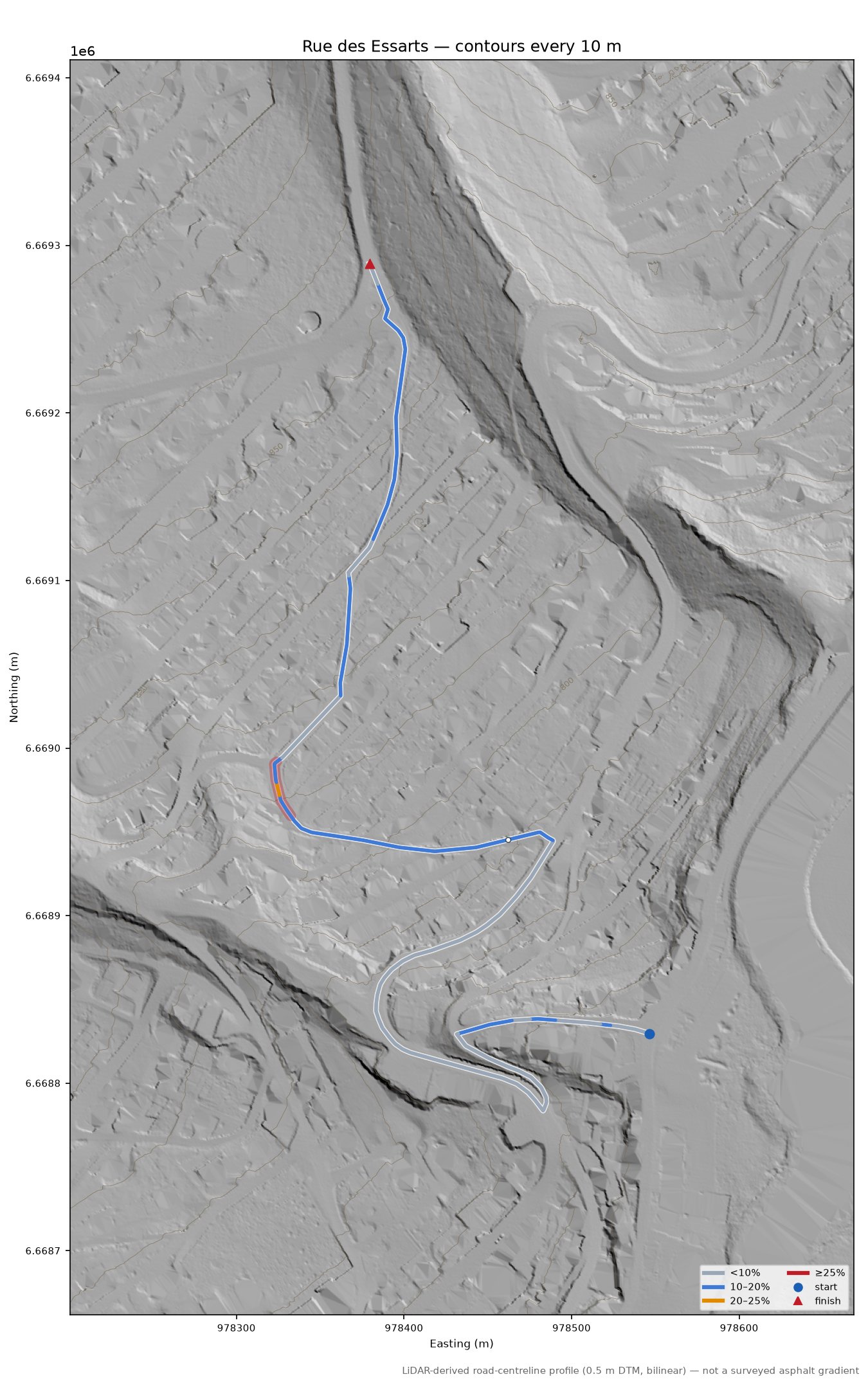 Rue des Essarts LiDAR hillshade map with contours