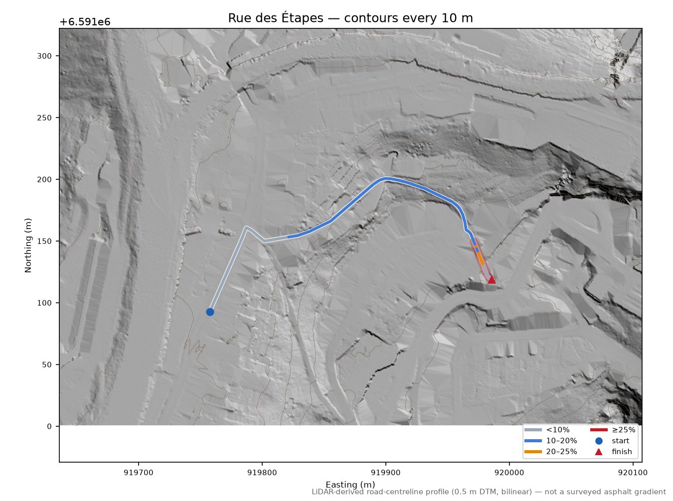 Rue des Étapes LiDAR hillshade map with contours