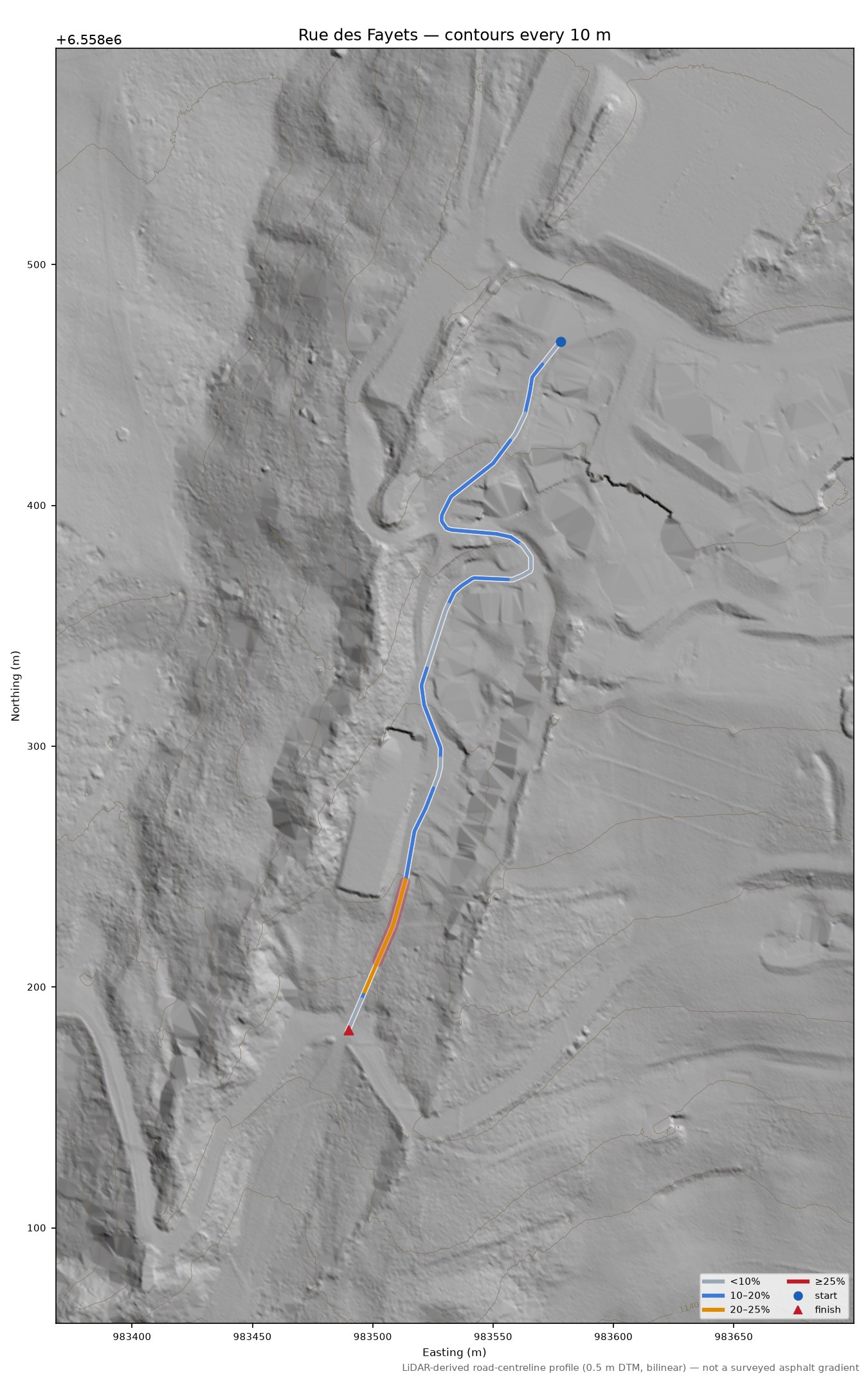 Rue des Fayets LiDAR hillshade map with contours