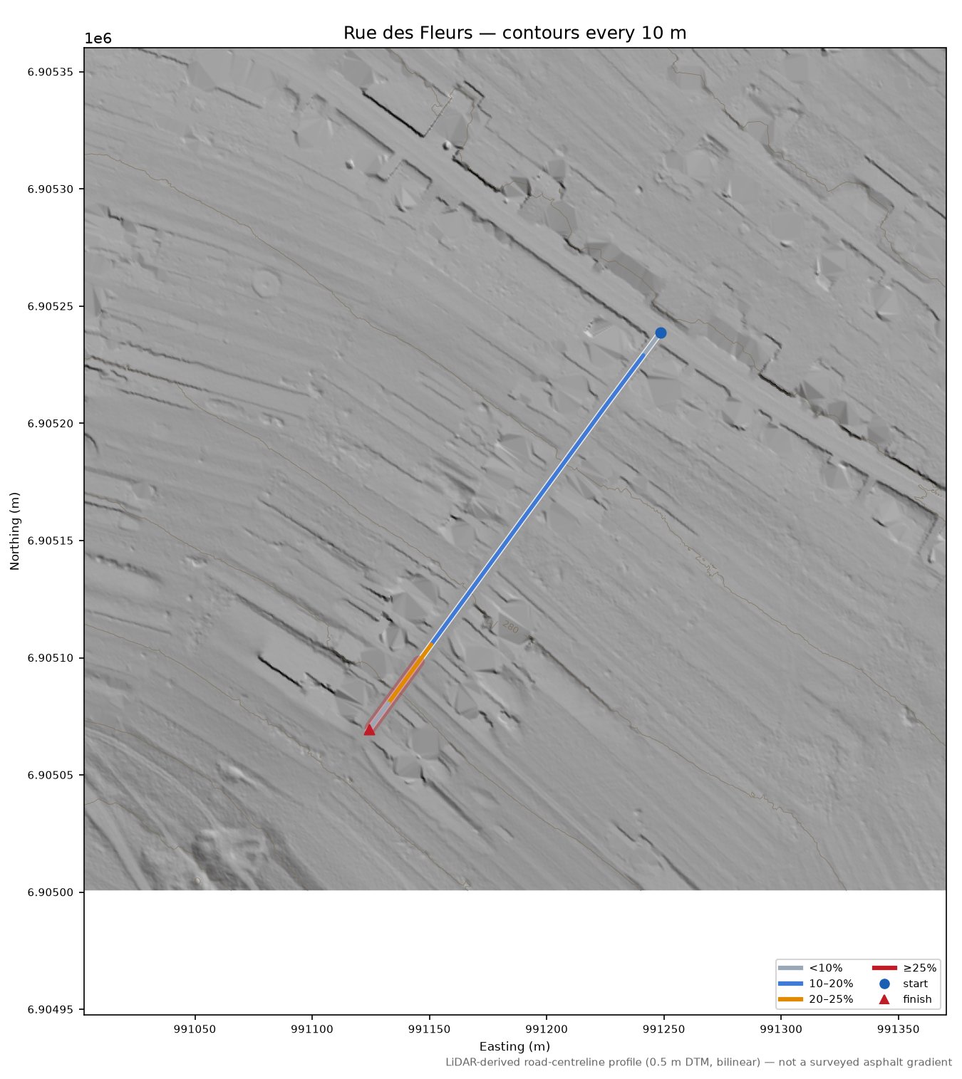 Rue des Fleurs LiDAR hillshade map with contours