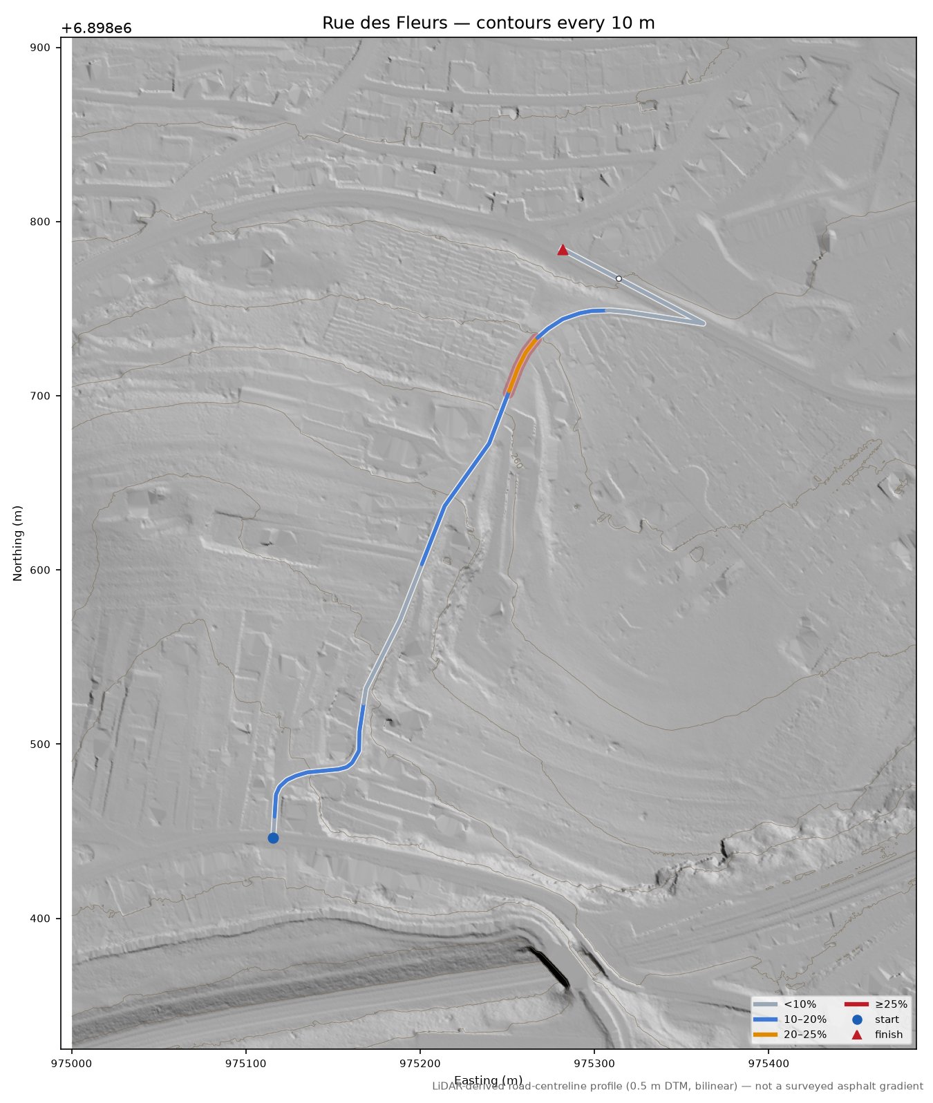 Rue des Fleurs LiDAR hillshade map with contours