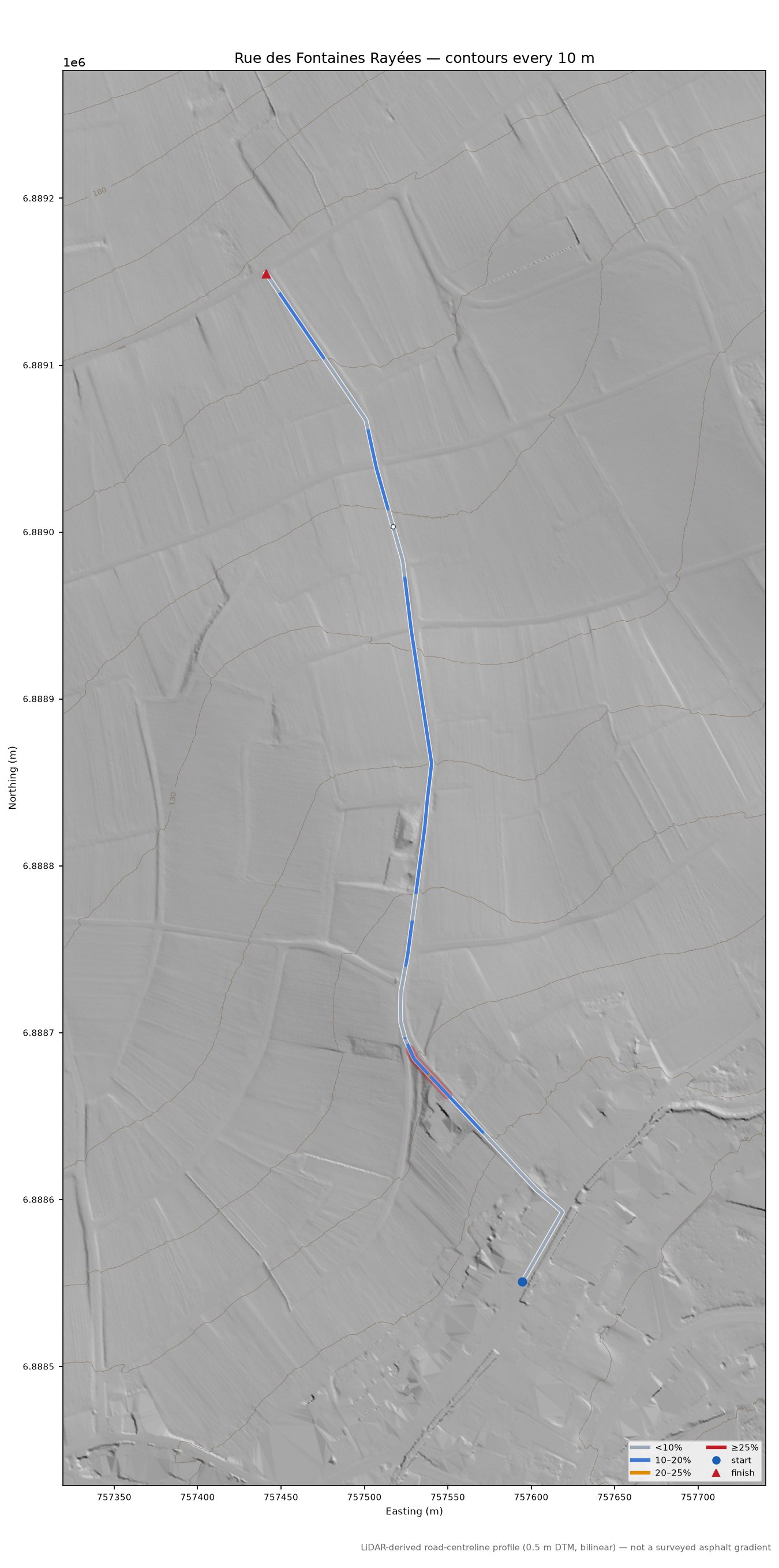 Rue des Fontaines Rayées LiDAR hillshade map with contours