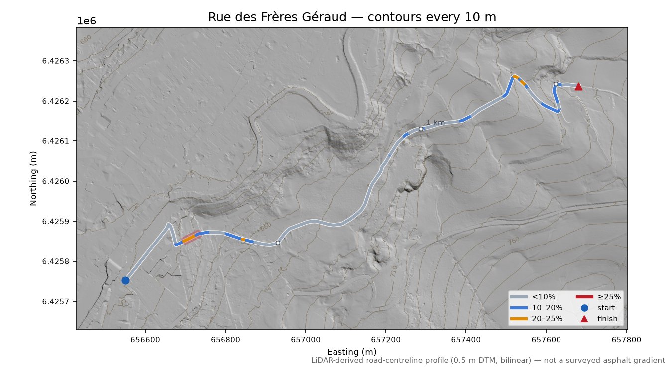 Rue des Frères Géraud LiDAR hillshade map with contours