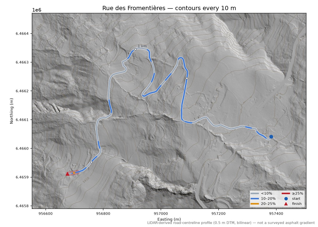 Rue des Fromentières LiDAR hillshade map with contours