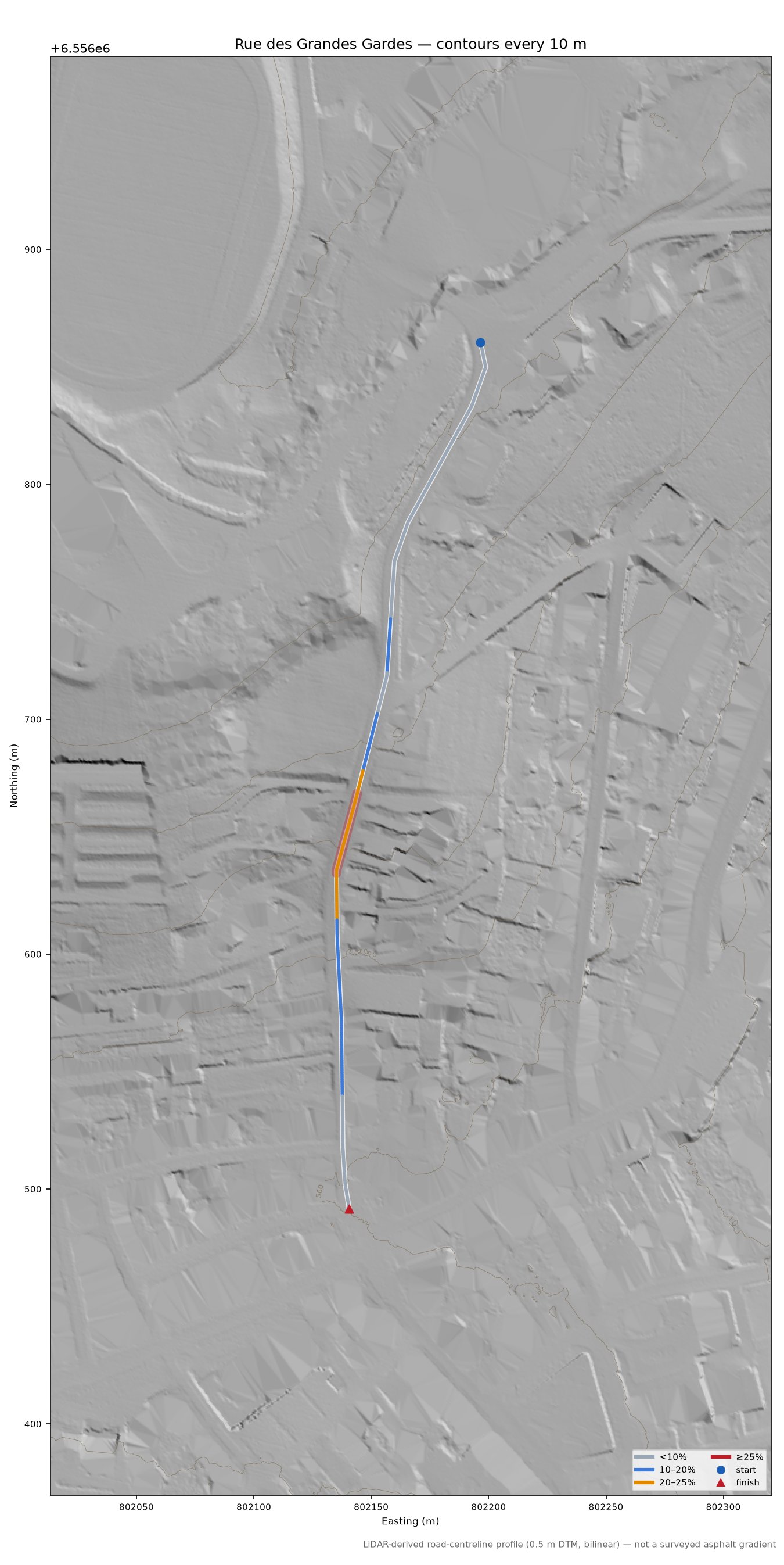 Rue des Grandes Gardes LiDAR hillshade map with contours