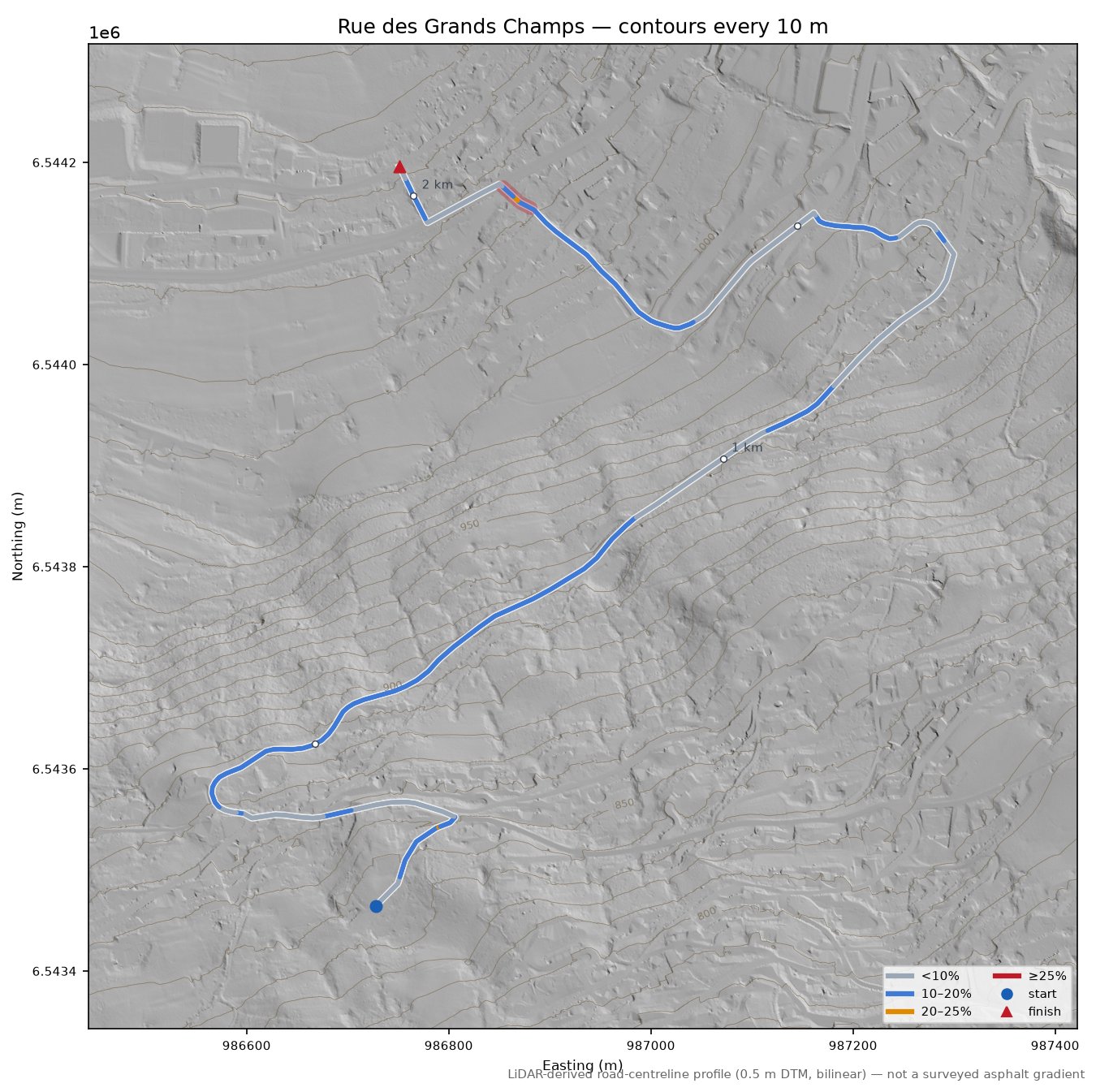 Rue des Grands Champs LiDAR hillshade map with contours