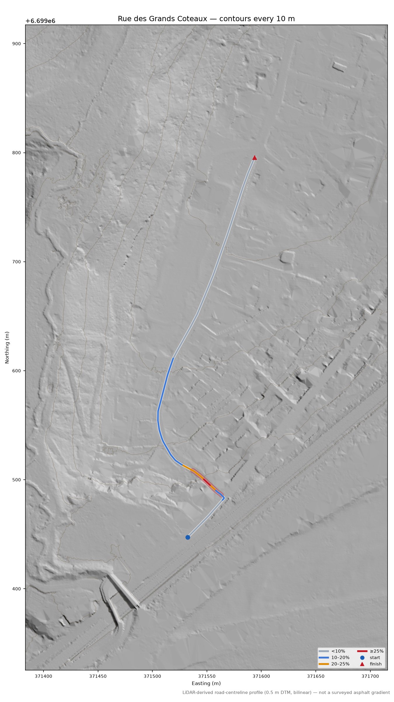 Rue des Grands Coteaux LiDAR hillshade map with contours